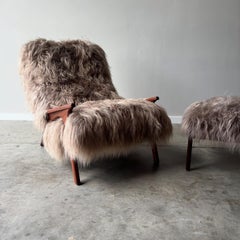 Vintage Sculpted Walnut Lounge and Ottoman, New Shearling Upholstery