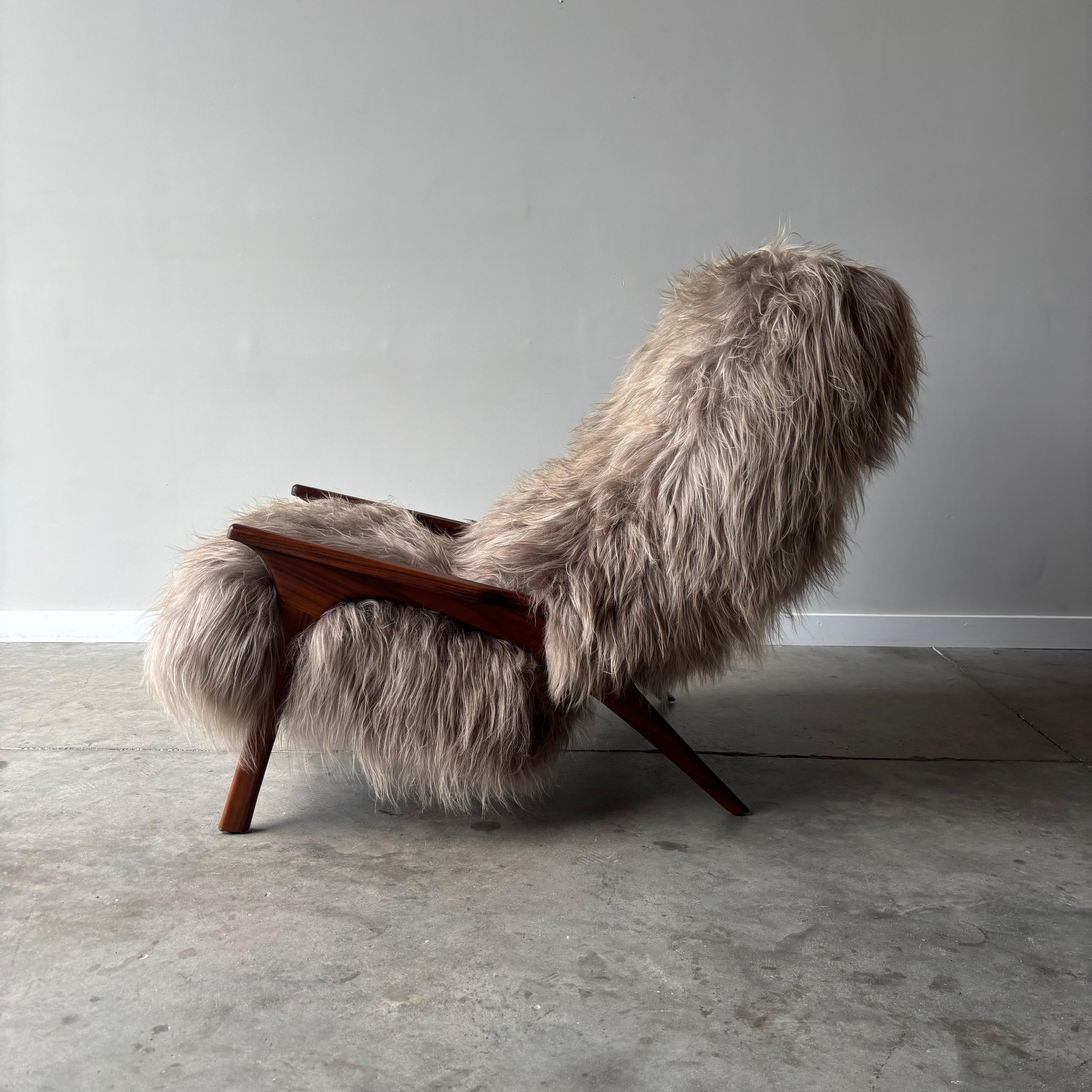 Vintage Sculpted Walnut Lounge and Ottoman, New Shearling Upholstery For Sale 2