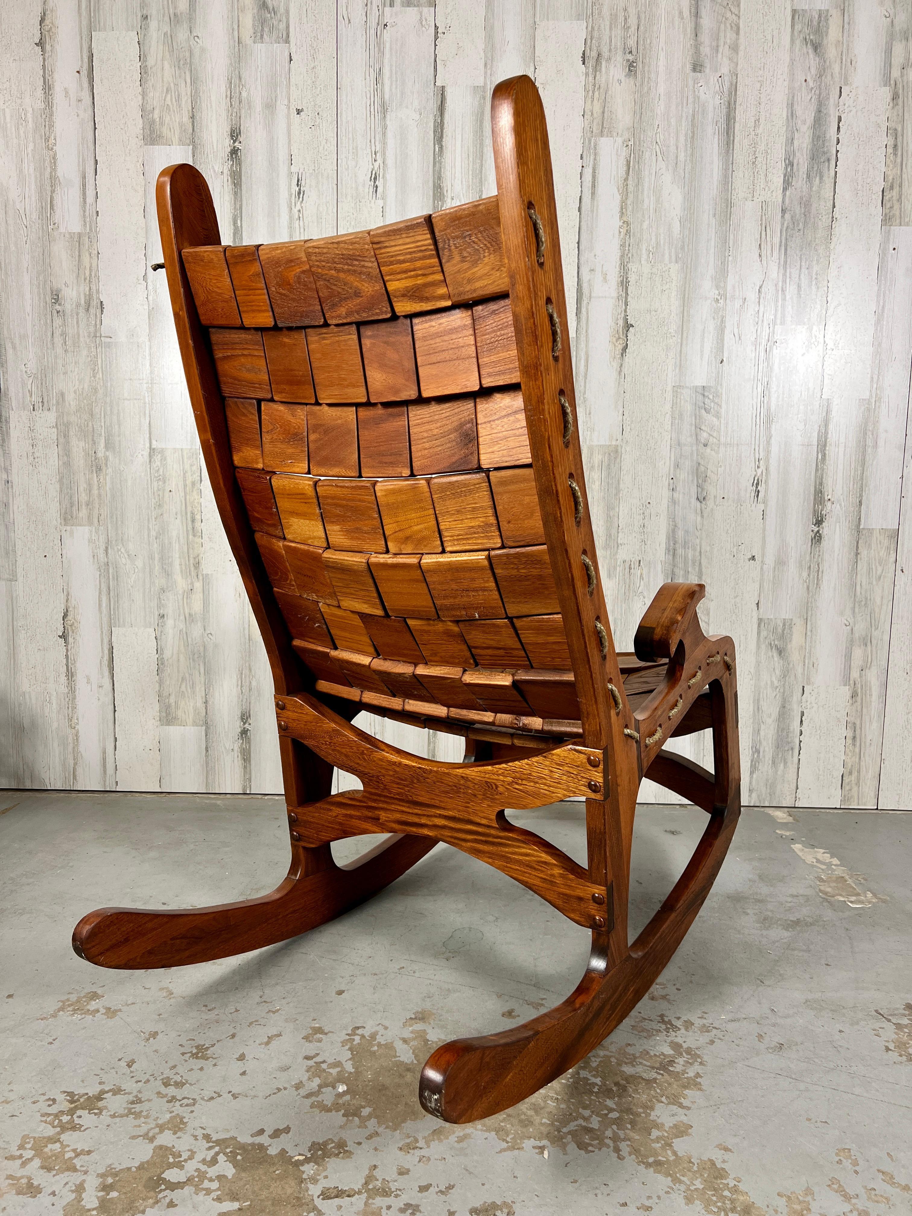 Rope Vintage Sculpted Walnut Patchwork Rocking Chair For Sale