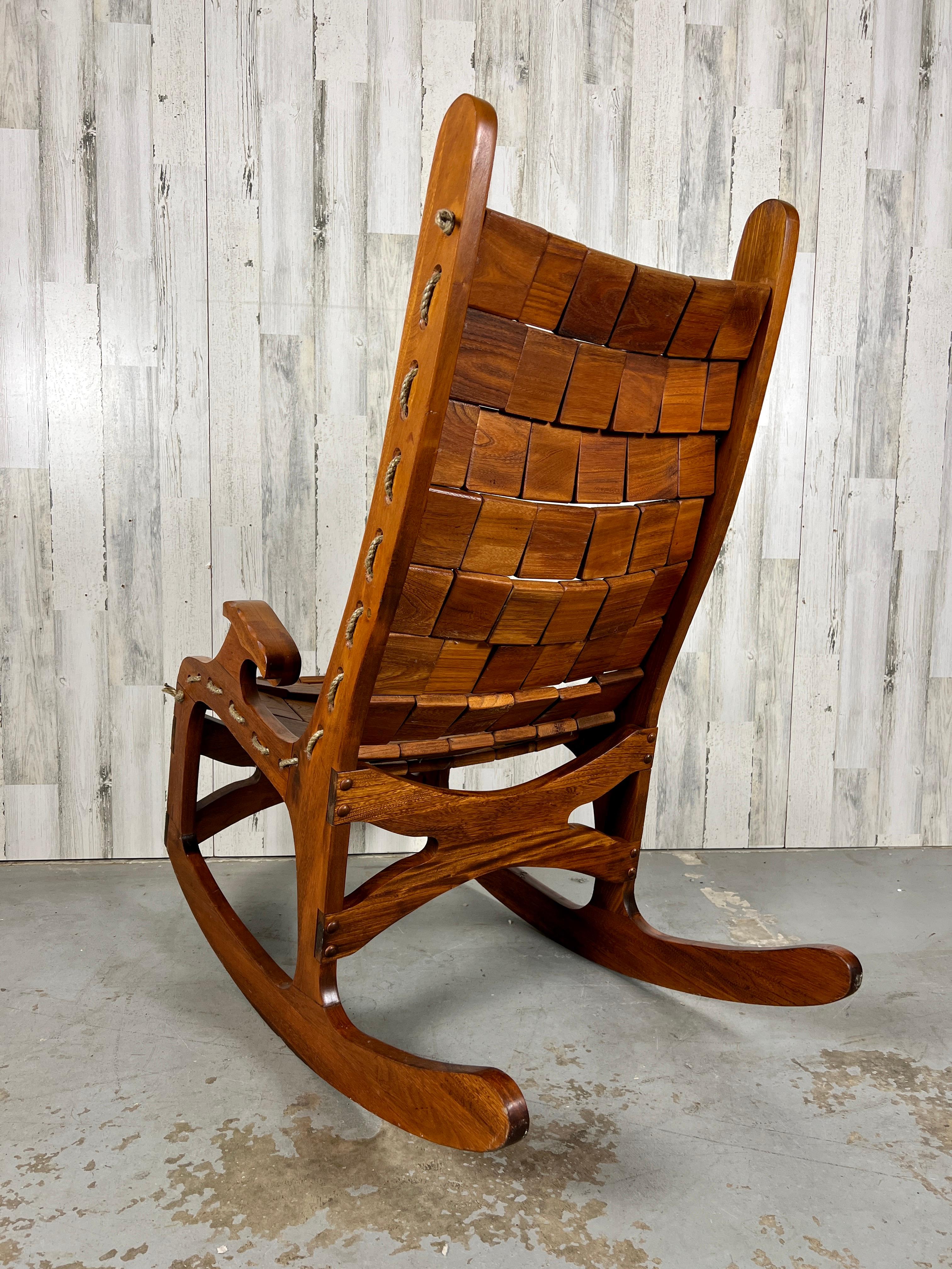 Mid-Century Modern Vintage Sculpted Walnut Patchwork Rocking Chair For Sale