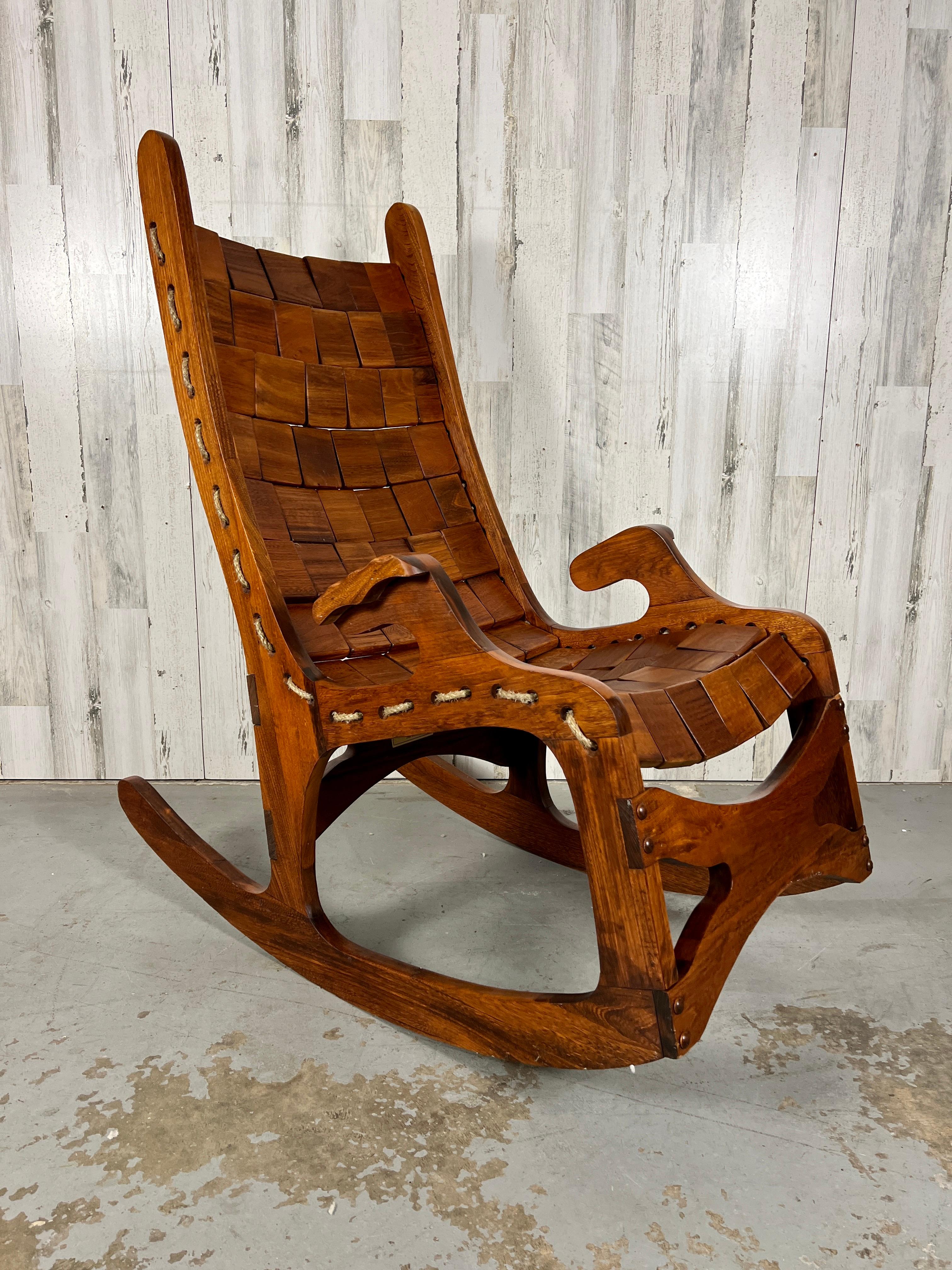 American Vintage Sculpted Walnut Patchwork Rocking Chair For Sale