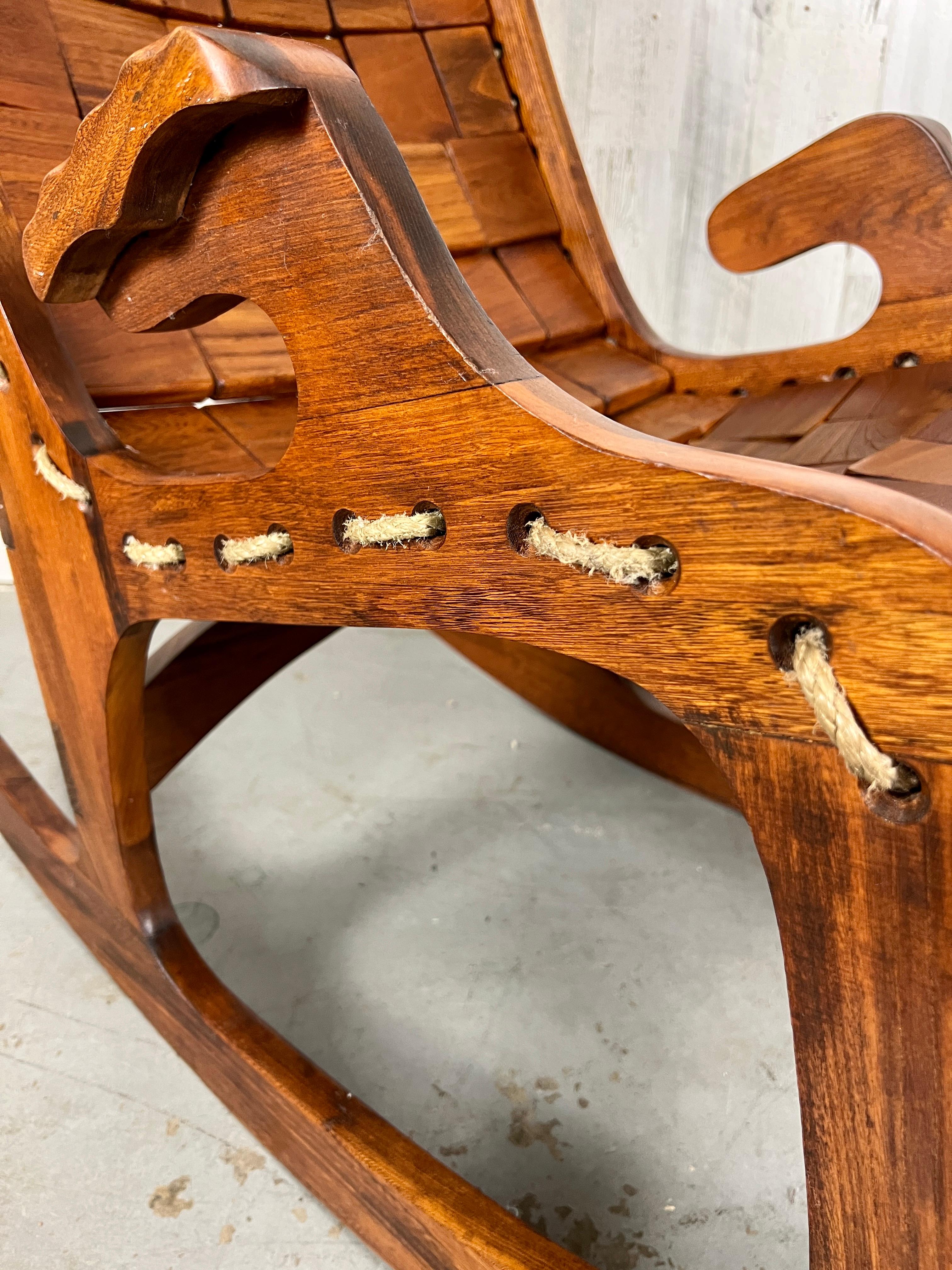 Vintage Sculpted Walnut Patchwork Rocking Chair In Good Condition For Sale In Denton, TX