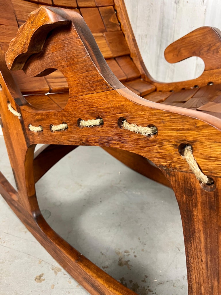 Vintage Sculpted Walnut Patchwork Rocking Chair For Sale at 1stDibs