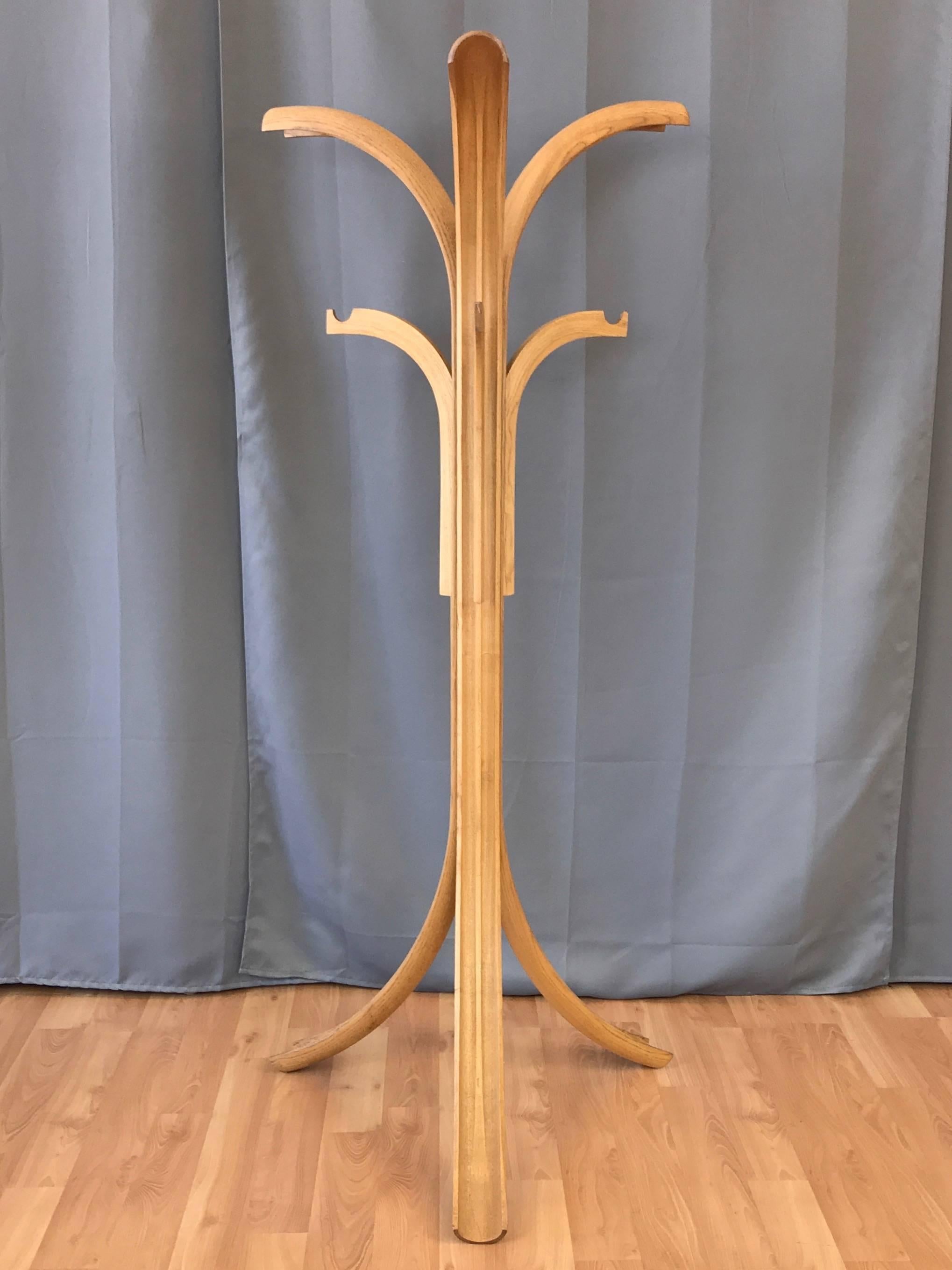 A very uncommon and extremely well executed sculptural coat and hat rack in white oak.

A trio of organic looking and expertly carved, shaped, and bent solid oak beams emulate gracefully curved palm frond stems. Three smaller arms with notches