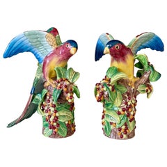 Scultura d'epoca Andrea by Sadek dipinta a mano con pappagalli tropicali - Coppia