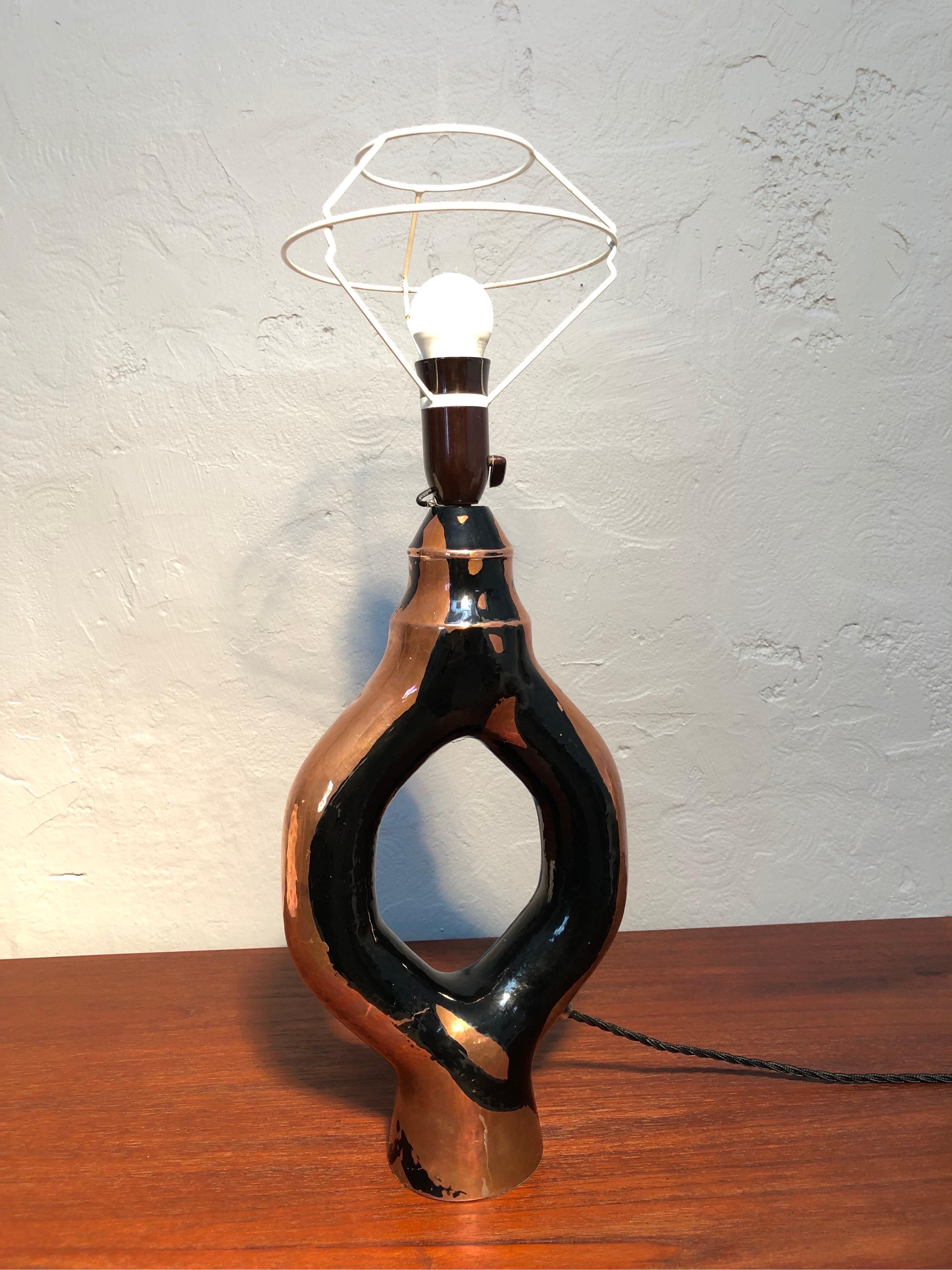 Danish Vintage Sculptural Artisan Table Lamp in Copper For Sale