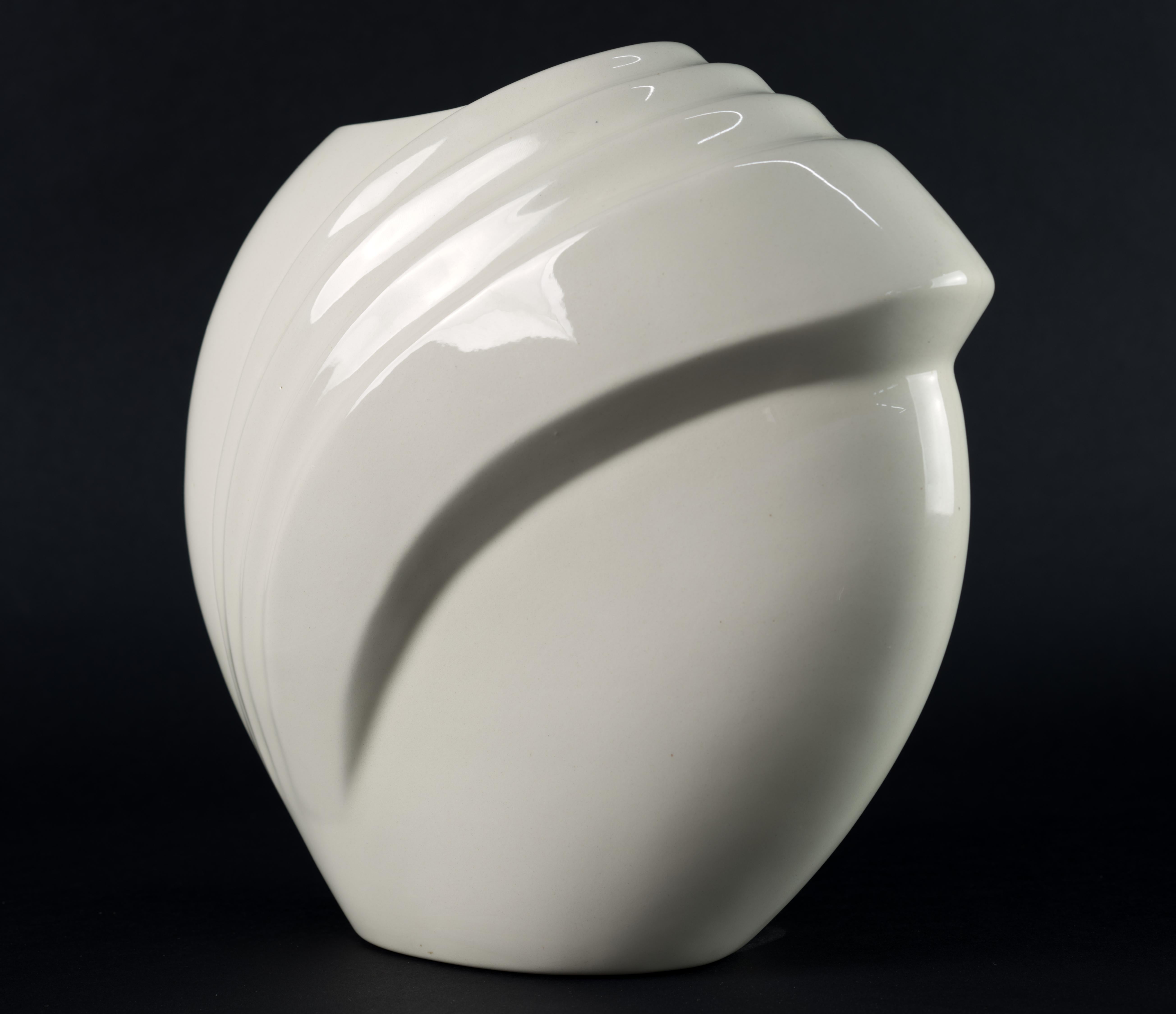 American Vintage Sculptural Asymmetrical Art Deco White Ceramic Vase 1980s For Sale