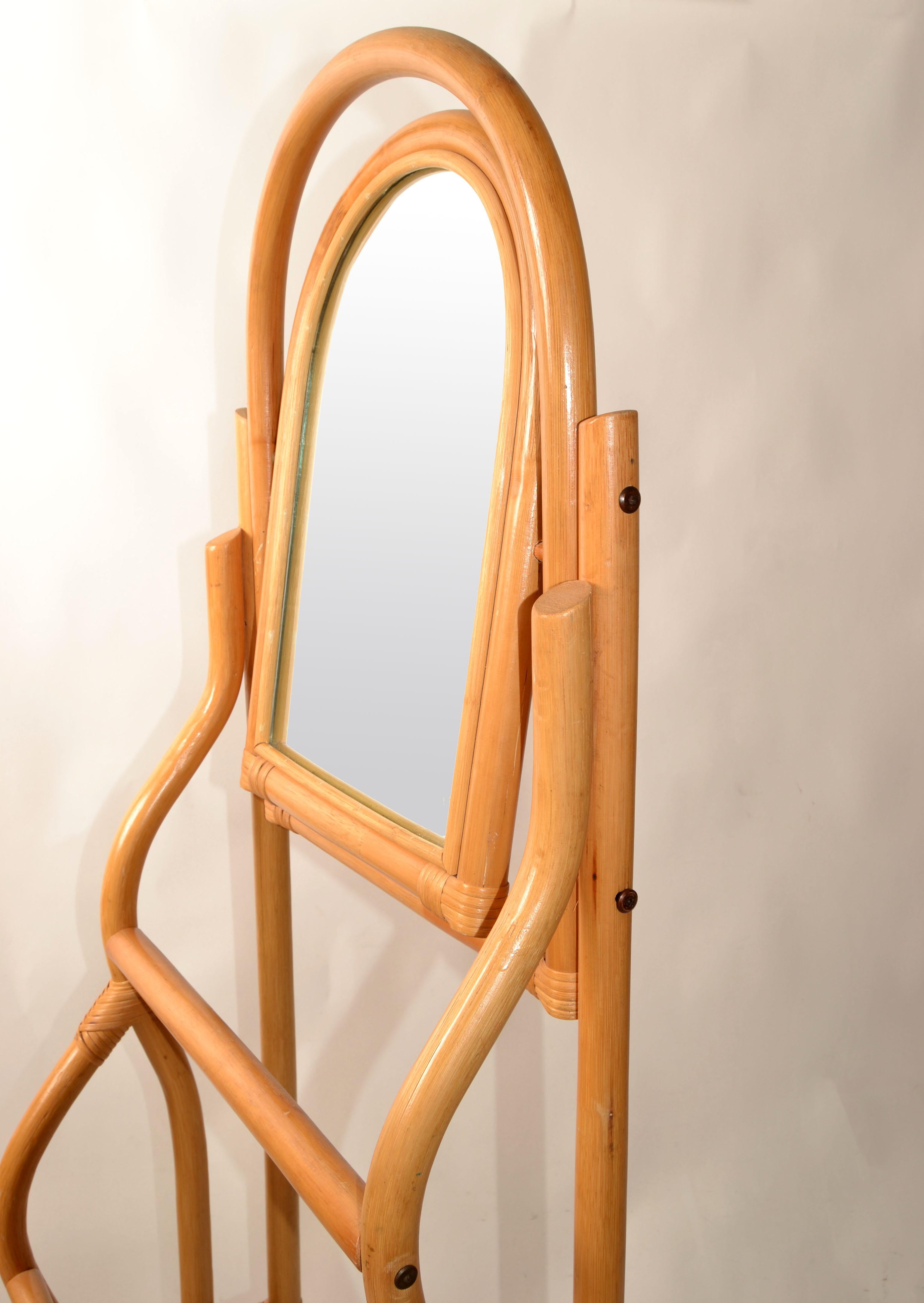 Vintage Sculptural Bent Bamboo Caning Valet Stand Mirror Two Tier Hanging Bars For Sale 2