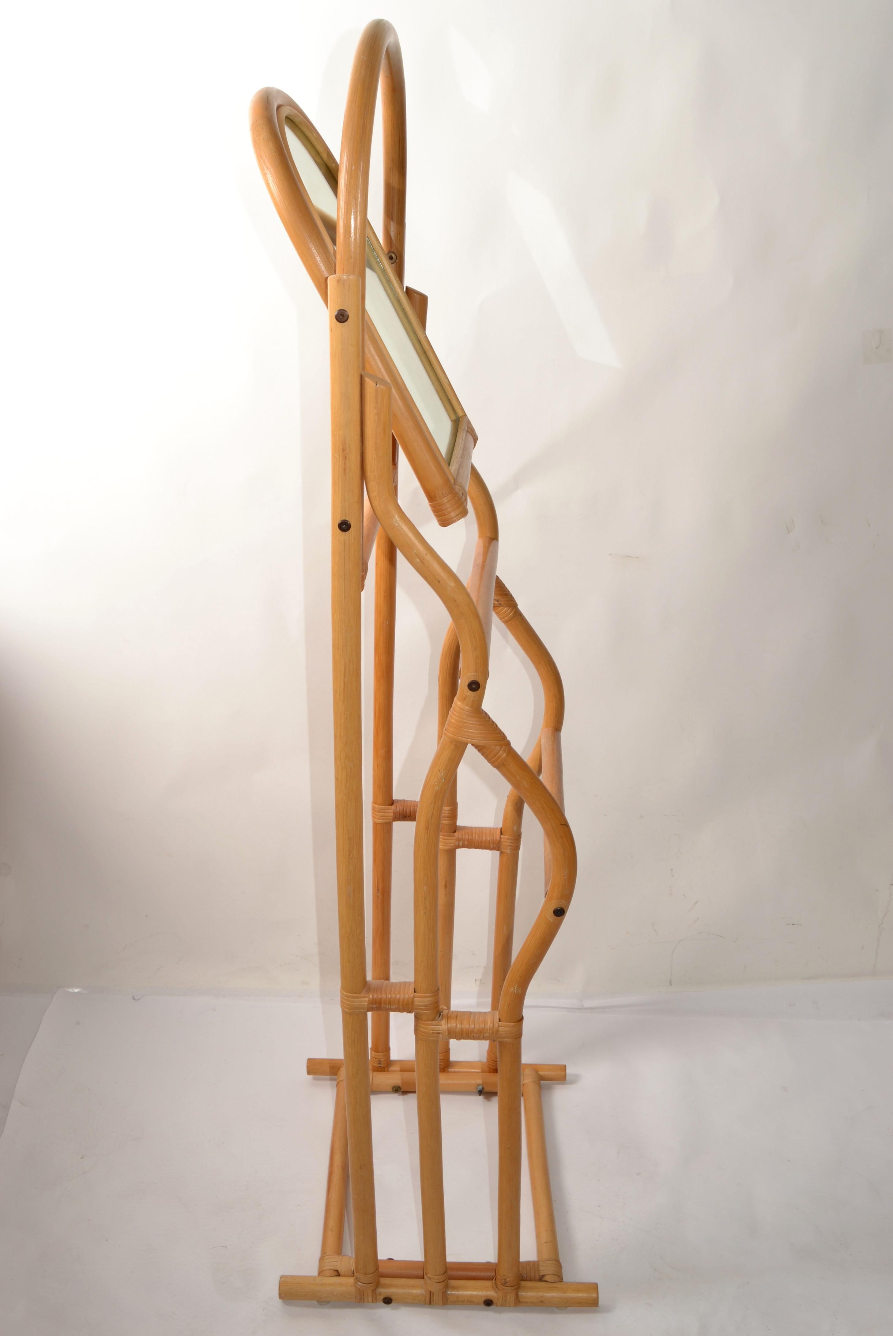 Vintage Sculptural Bent Bamboo Caning Valet Stand Mirror Two Tier Hanging Bars For Sale 3