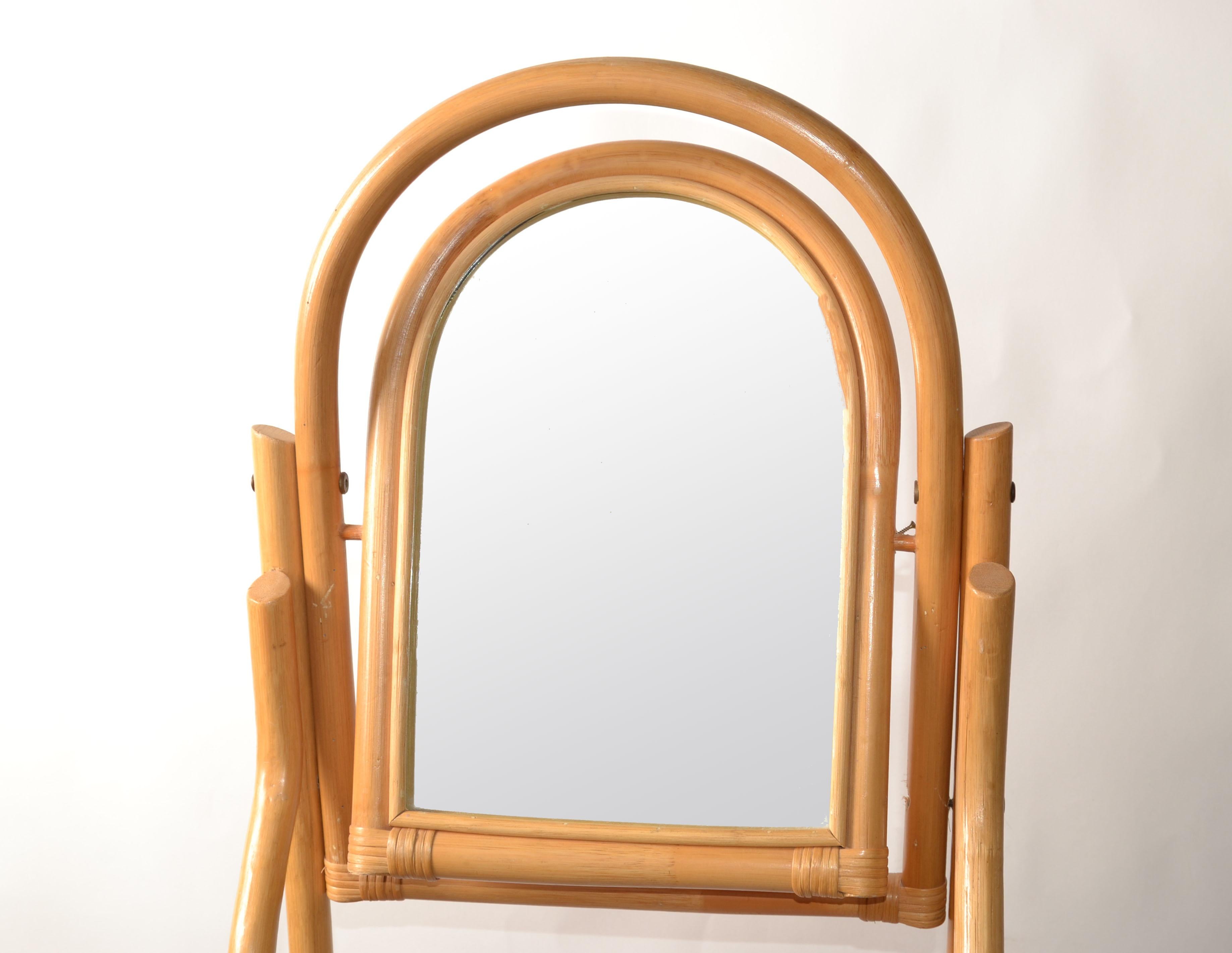 Vintage Sculptural Bent Bamboo Caning Valet Stand Mirror Two Tier Hanging Bars For Sale 5