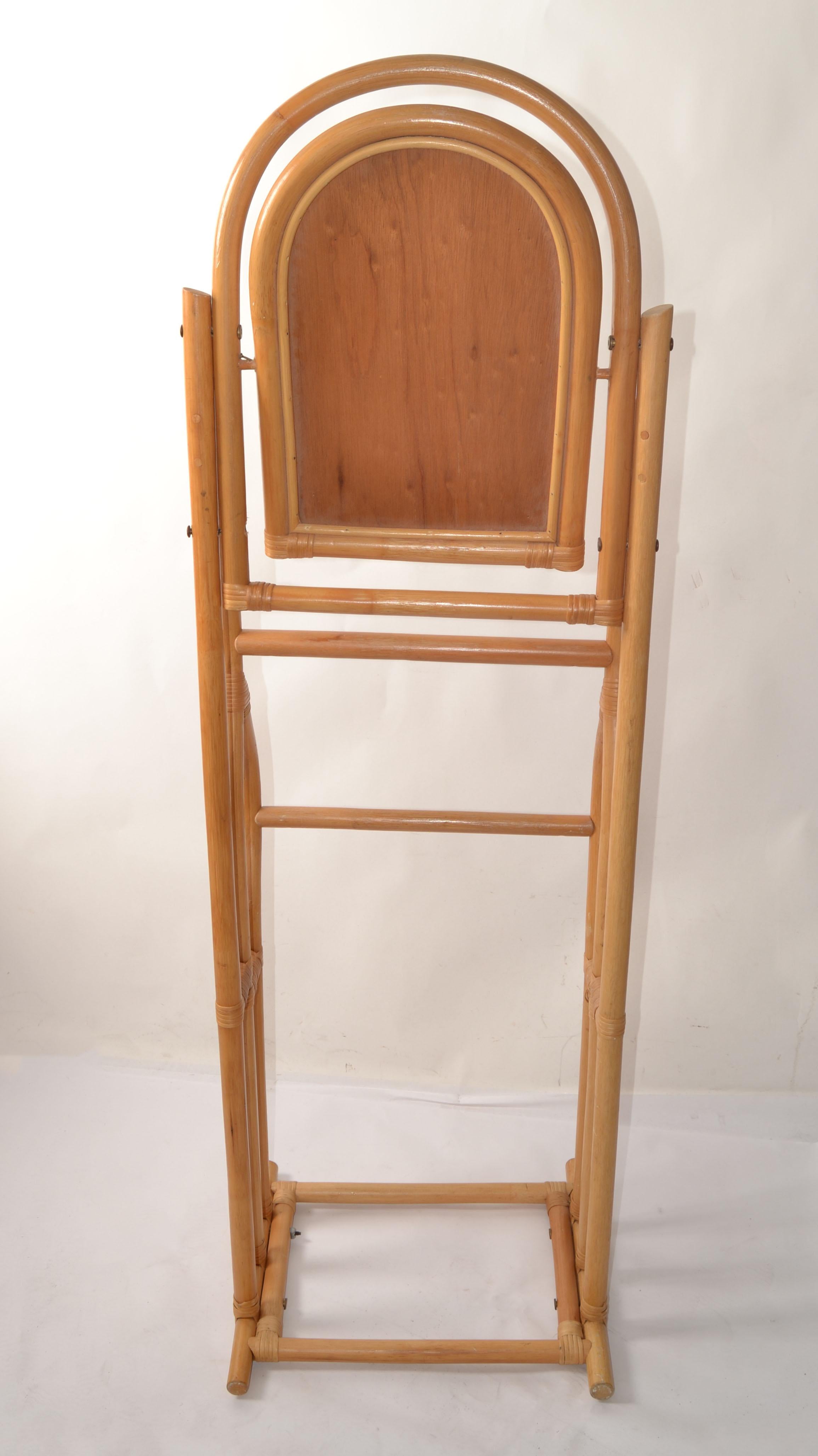 Vintage Sculptural Bent Bamboo Caning Valet Stand Mirror Two Tier Hanging Bars For Sale 6
