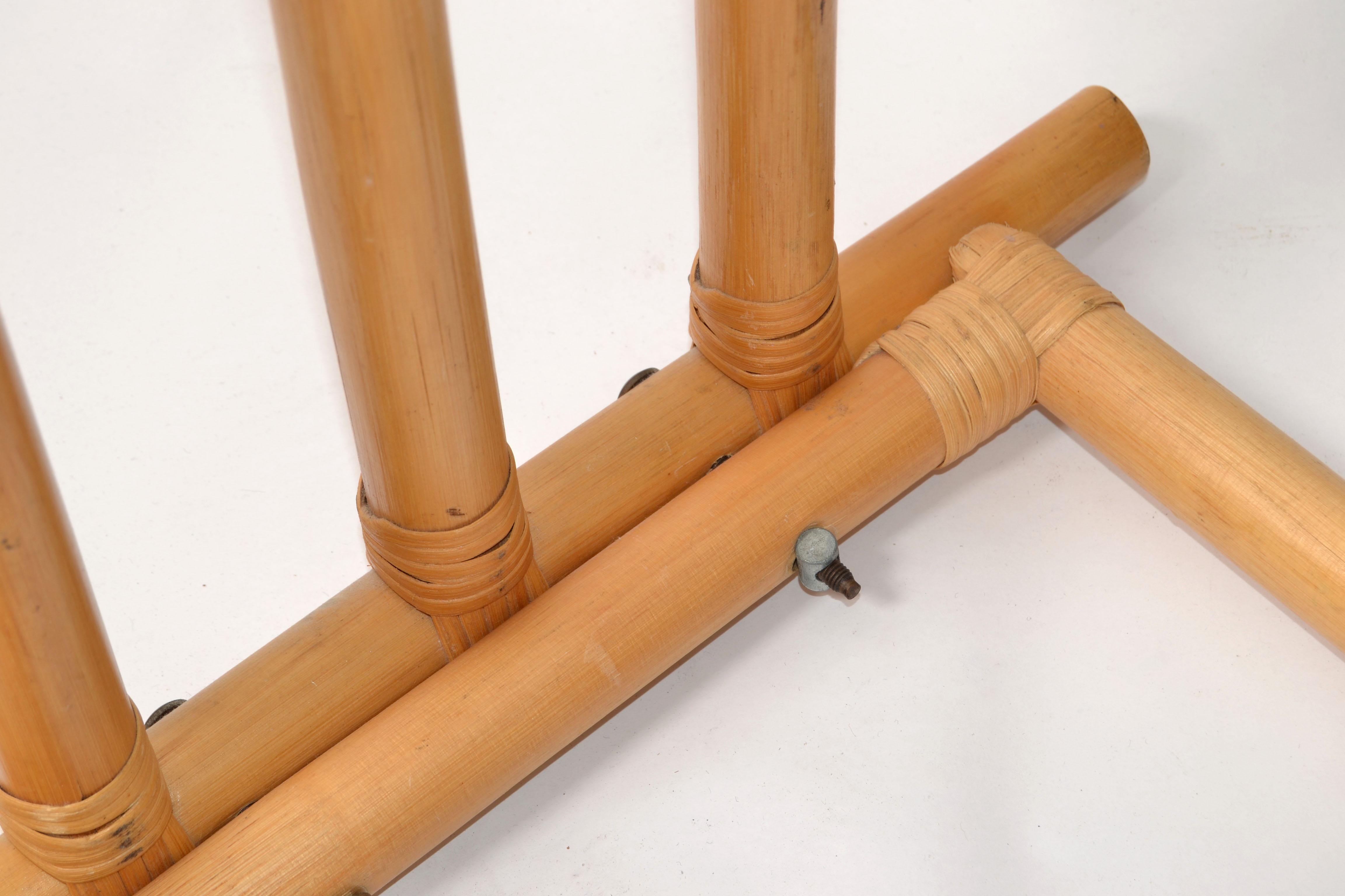 Vintage Sculptural Bent Bamboo Caning Valet Stand Mirror Two Tier Hanging Bars For Sale 7