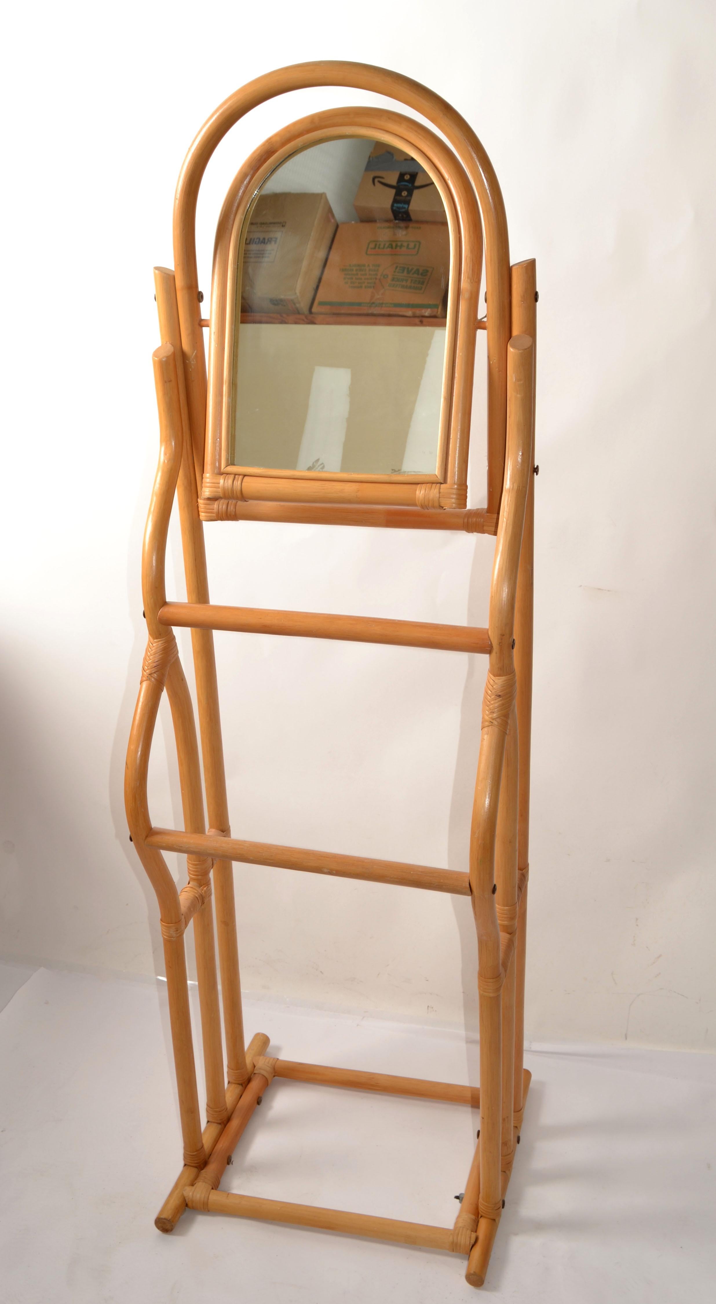 Vintage Sculptural Bent Bamboo Caning Valet Stand Mirror Two Tier Hanging Bars For Sale 9