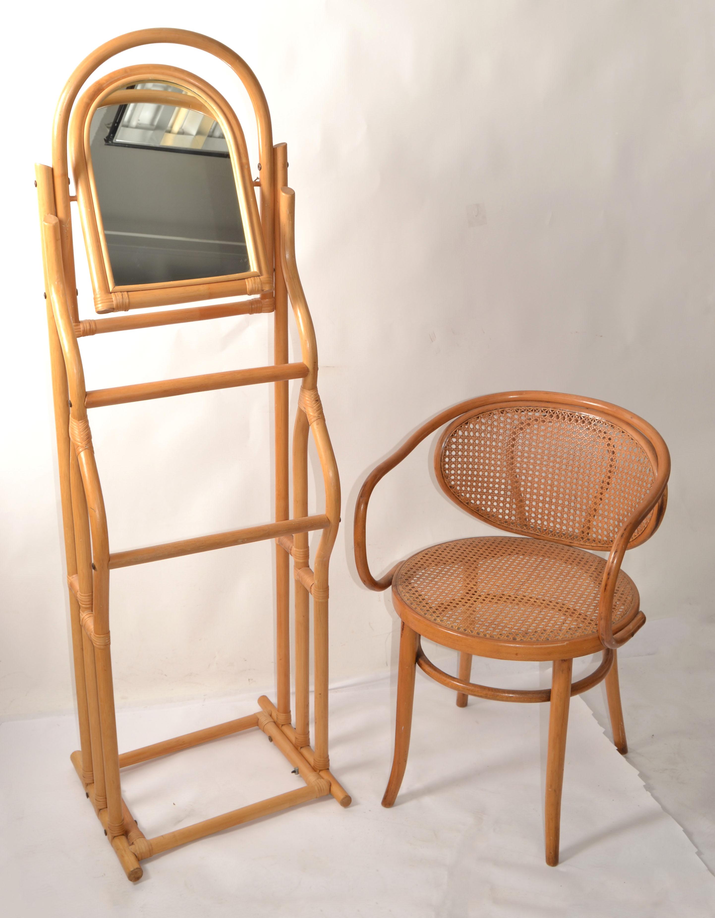 Vintage Sculptural Bent Bamboo Caning Valet Stand Mirror Two Tier Hanging Bars For Sale 10