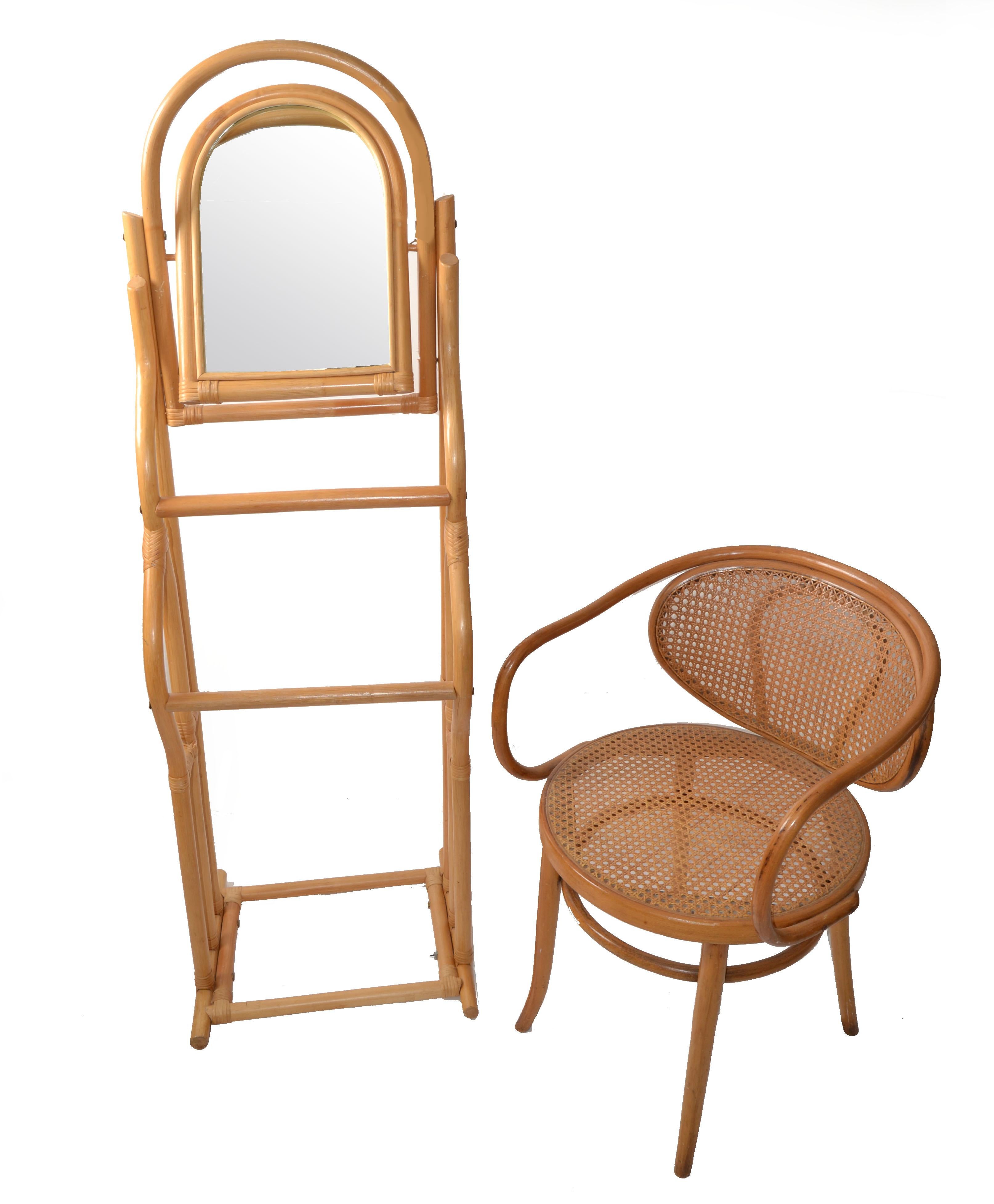 Hand-Crafted Vintage Sculptural Bent Bamboo Caning Valet Stand Mirror Two Tier Hanging Bars For Sale