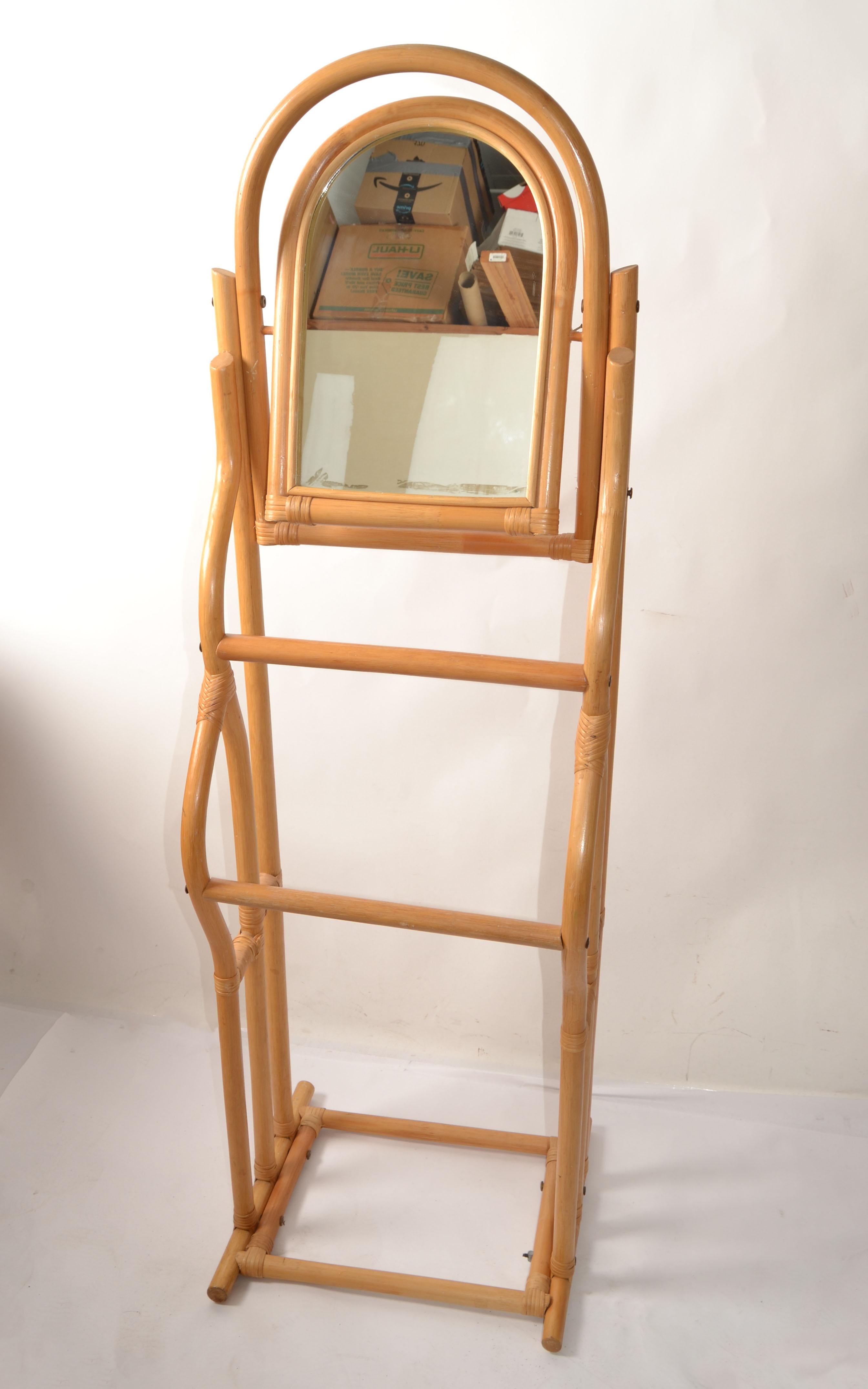 Vintage Sculptural Bent Bamboo Caning Valet Stand Mirror Two Tier Hanging Bars In Good Condition For Sale In Miami, FL