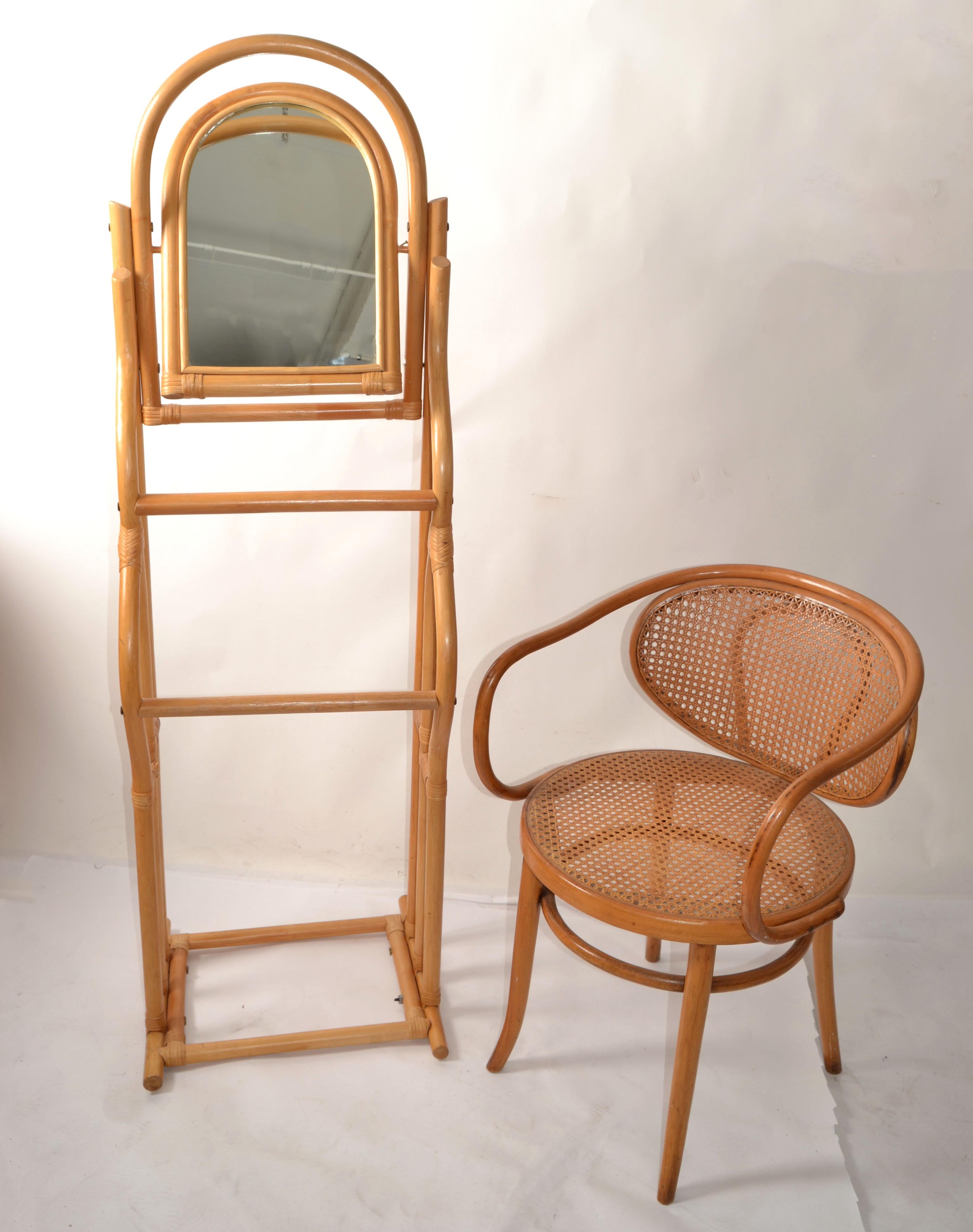 20th Century Vintage Sculptural Bent Bamboo Caning Valet Stand Mirror Two Tier Hanging Bars For Sale