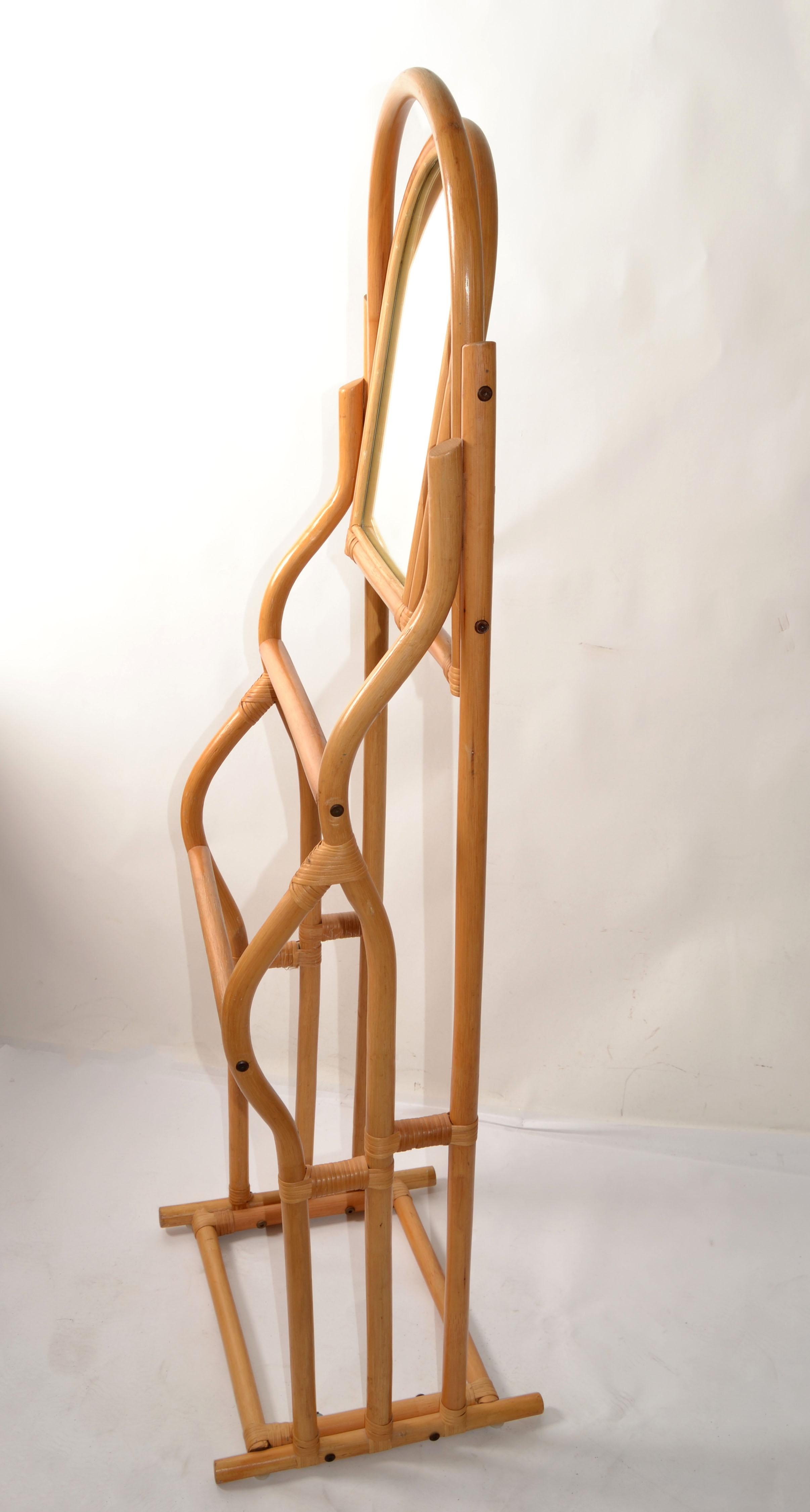 Brass Vintage Sculptural Bent Bamboo Caning Valet Stand Mirror Two Tier Hanging Bars For Sale