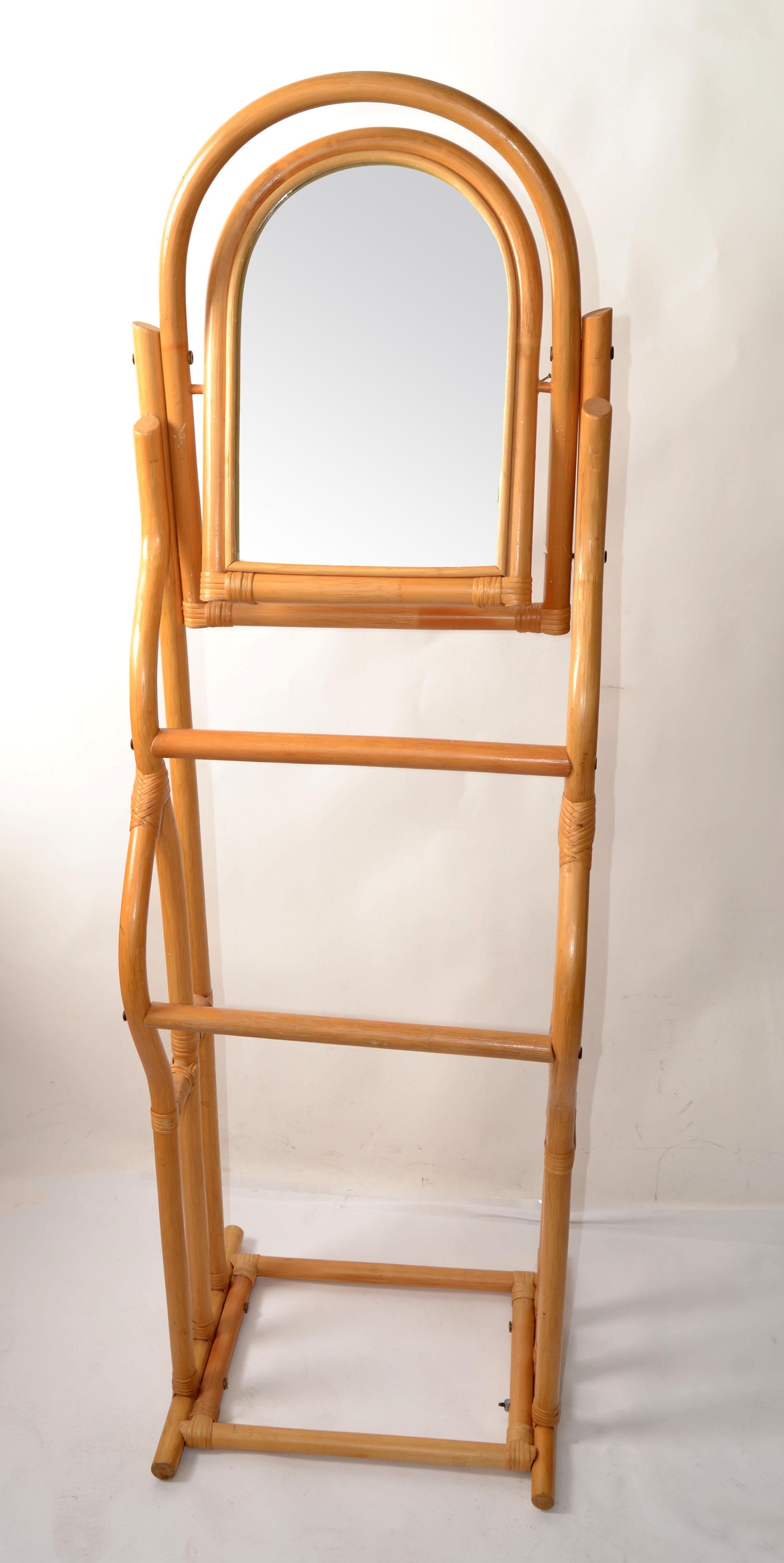 Vintage Sculptural Bent Bamboo Caning Valet Stand Mirror Two Tier Hanging Bars For Sale 1