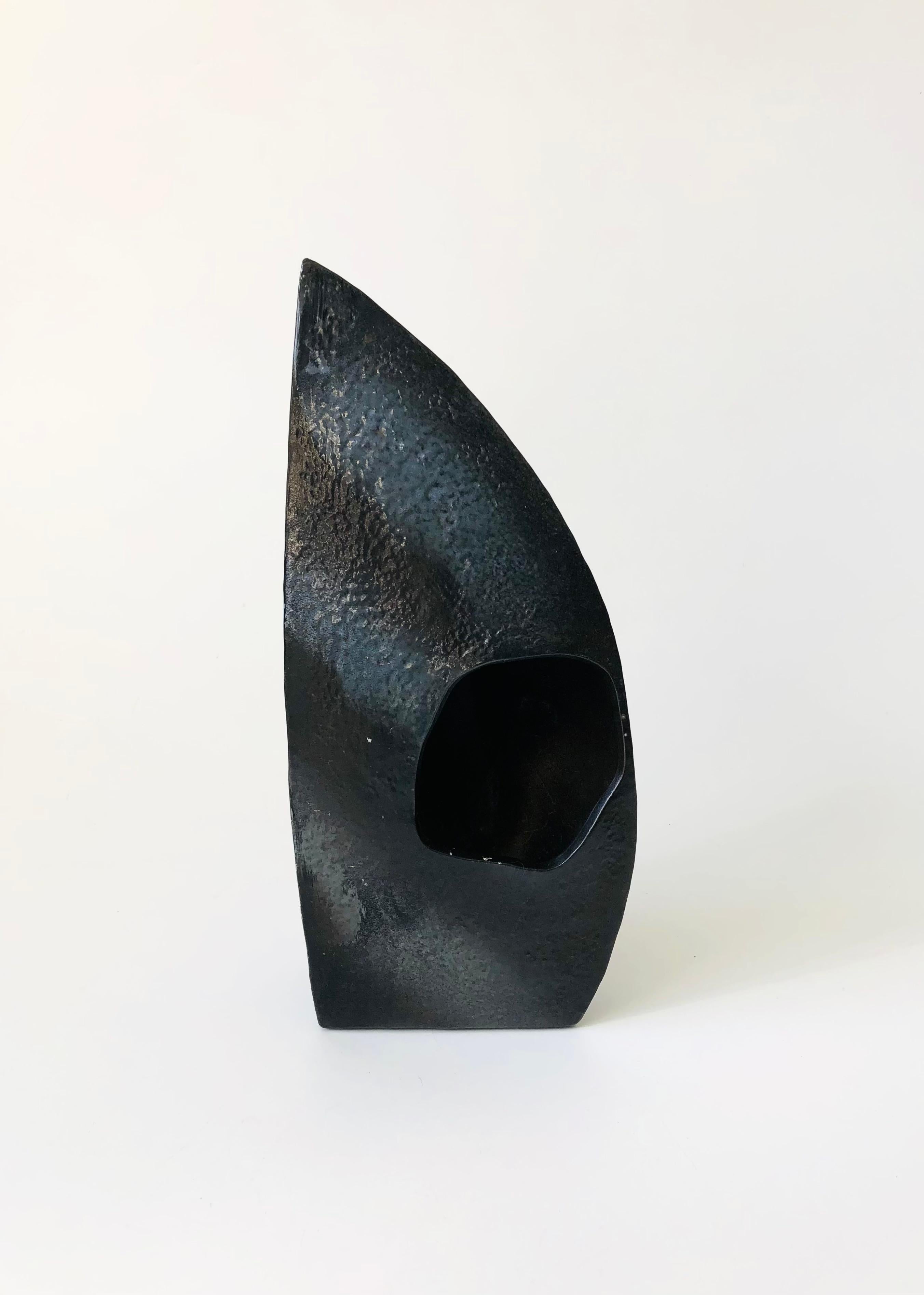 20th Century Vintage Sculptural Black Ikebana Pottery Vase For Sale