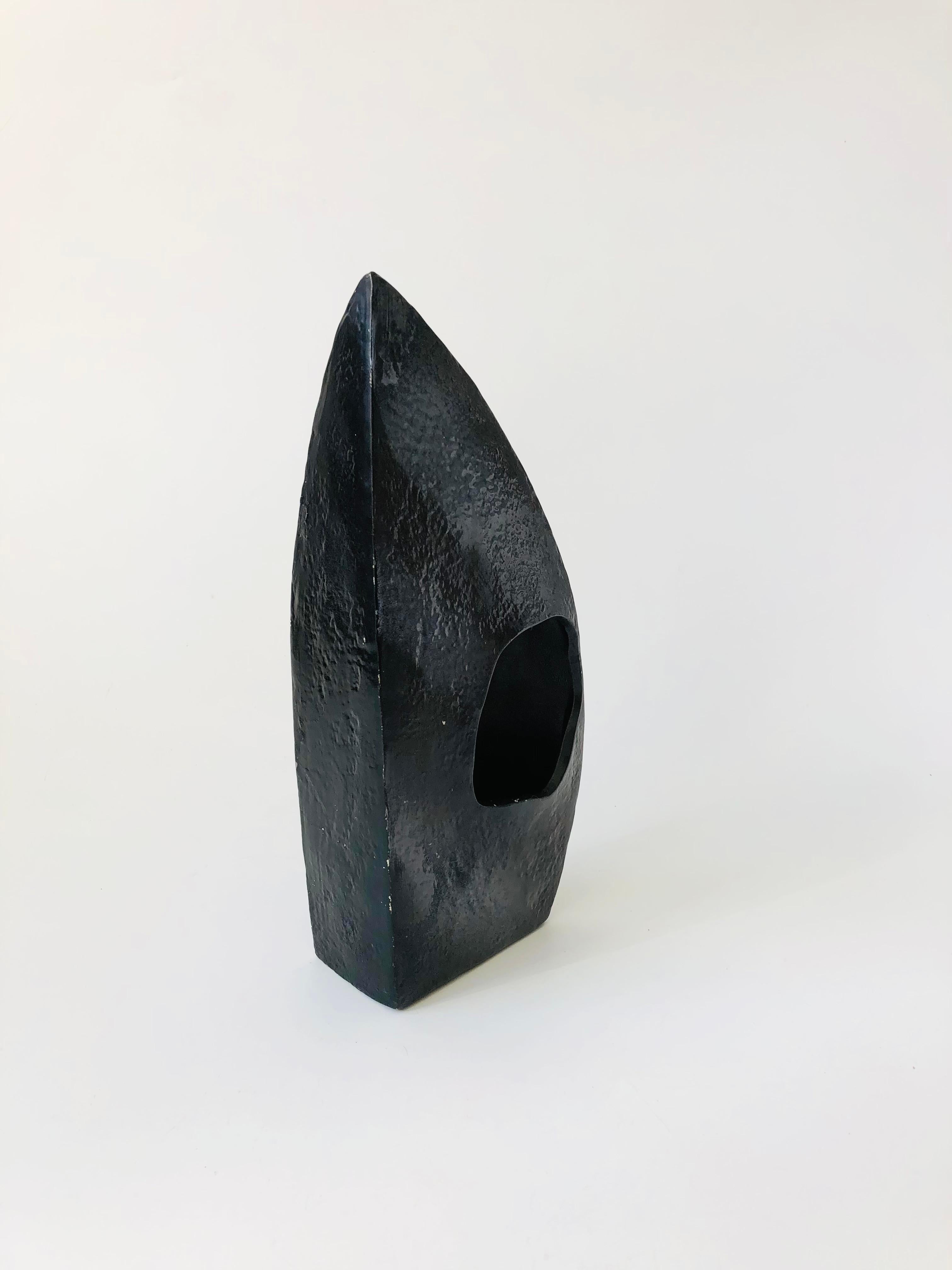 Vintage Sculptural Black Ikebana Pottery Vase For Sale 1