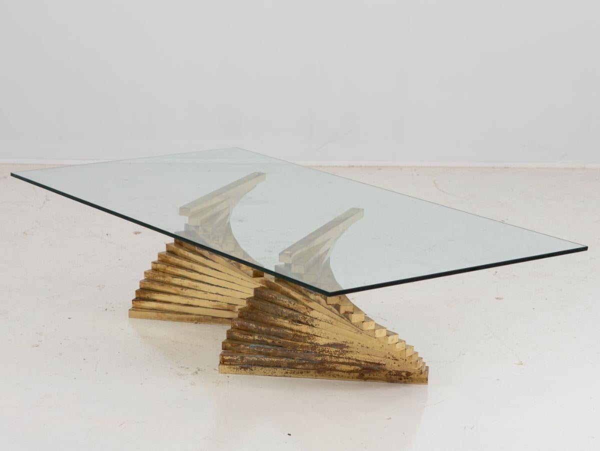Vintage Sculptural Brass and Glass Coffee Table For Sale 6