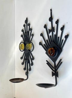Vintage Sculptural Brutalist Iron & Glass Wall Candleholders by Dantoft, 1970s