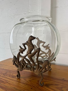 Vintage Sculptural Cast Iron Gilt Fishbowl with Artistic Frog and Foliage Design