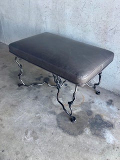 Vintage Sculptural Forged Iron and Leather Bench in the Style of Giacometti