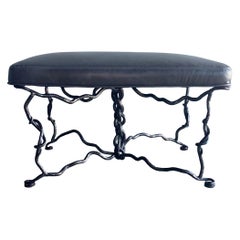 Vintage Sculptural Forged Iron and Leather Bench in the Style of Giacometti