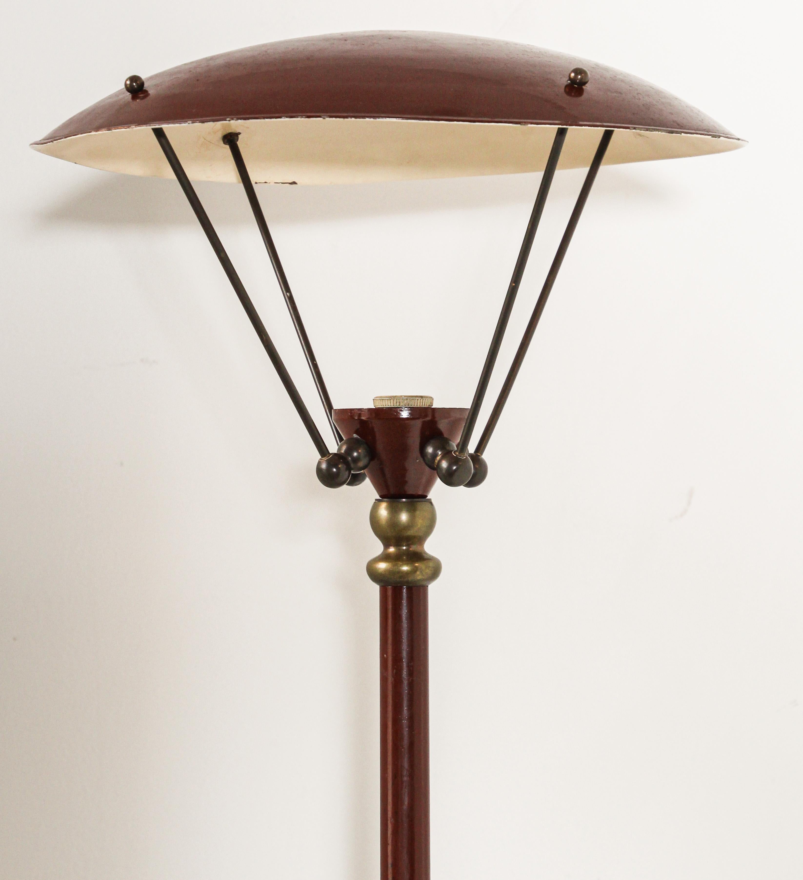 Vintage Sculptural French Tripod Floor Lamp Brown Enamel Shade, 1950s For Sale 4