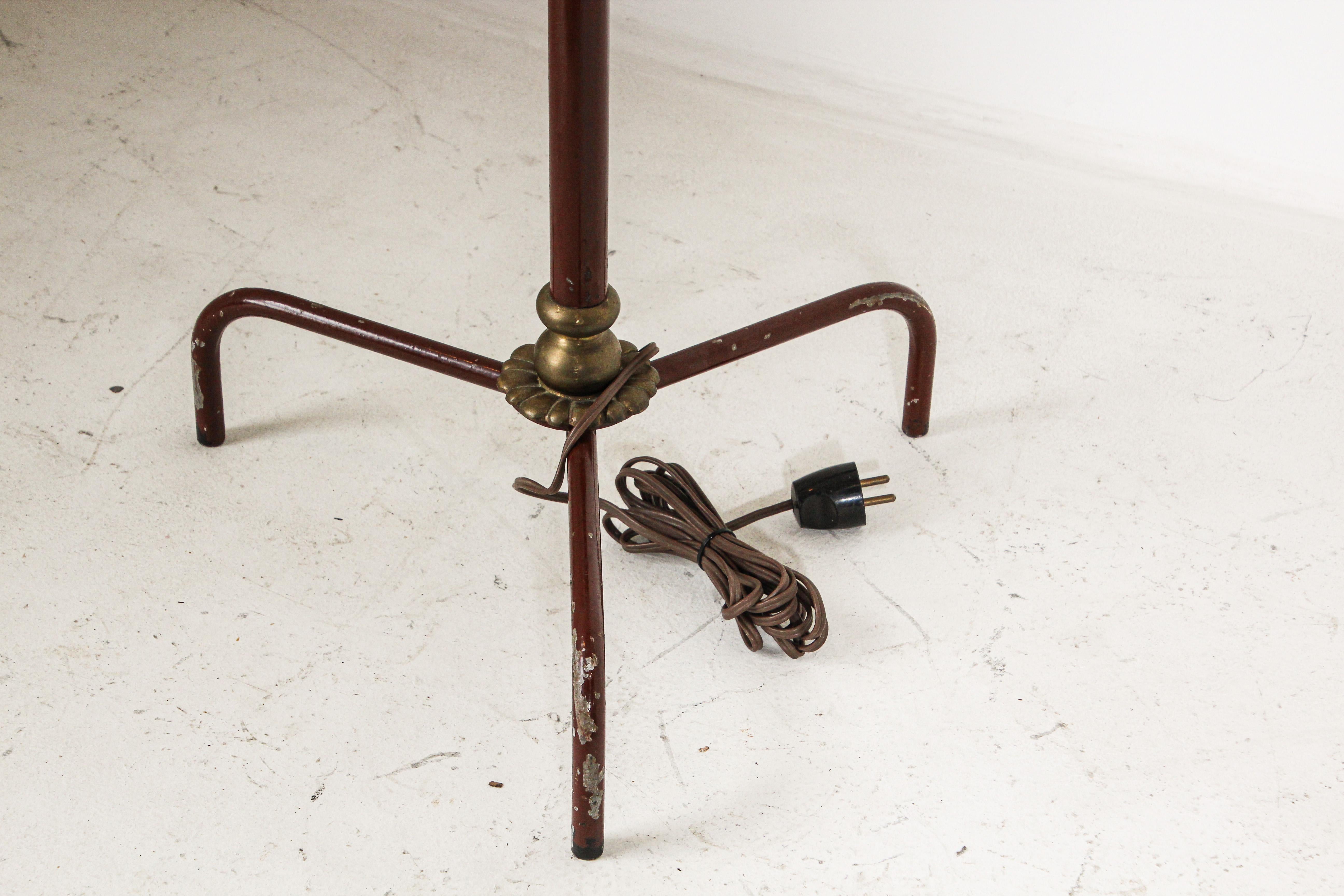 Metal Vintage Sculptural French Tripod Floor Lamp Brown Enamel Shade, 1950s For Sale