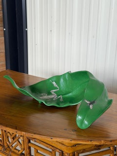 Vintage Sculptural Green Leaf Form Metal Centerpiece With Découpage Appliqué