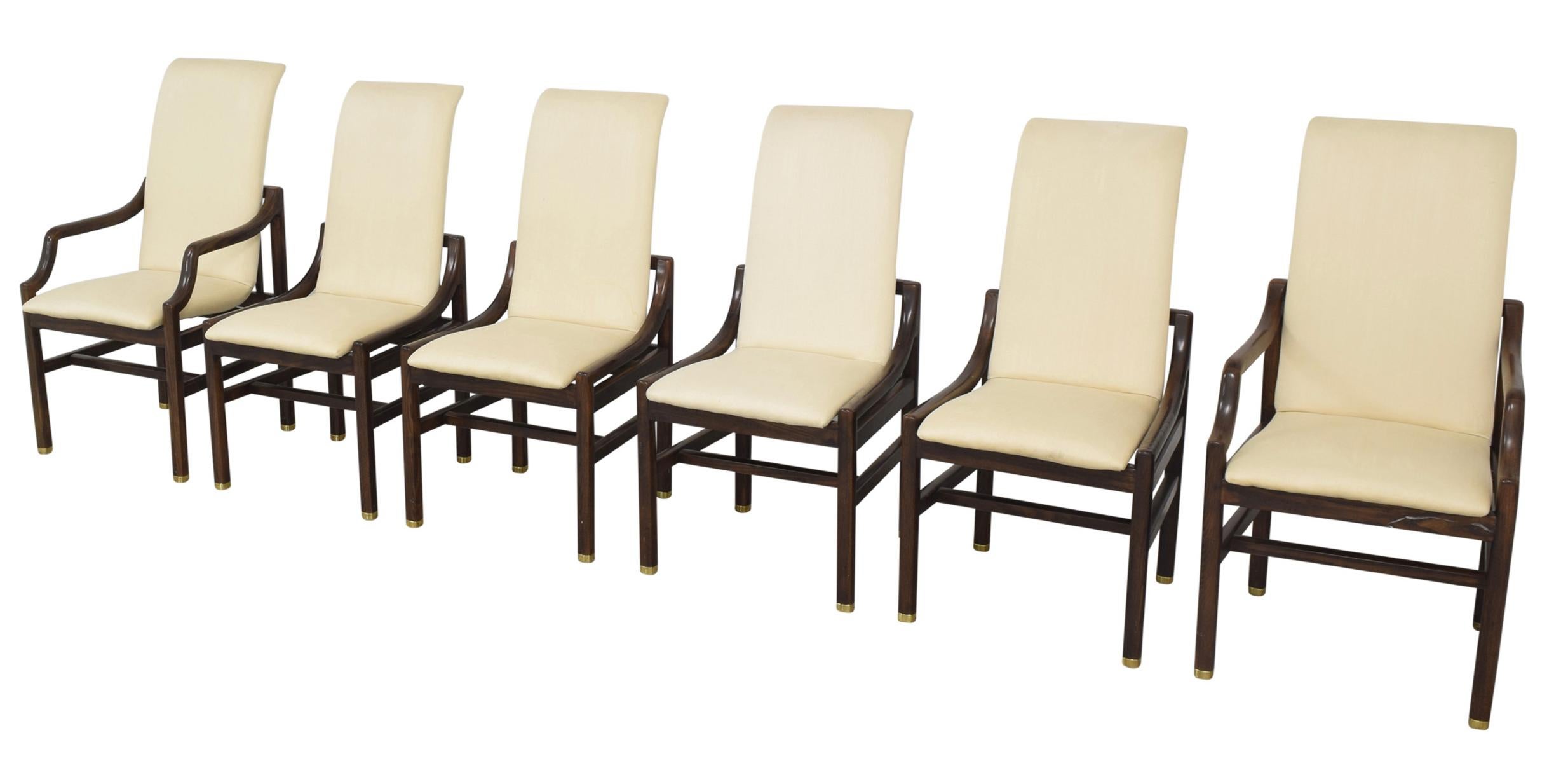 Vintage sculptural Henredon dining chair set of 6, walnut java base, brass accents. Gorgeous, timeless seating. Includes 2 captains (arm) chairs and 4 side chairs.
Armchairs: 22