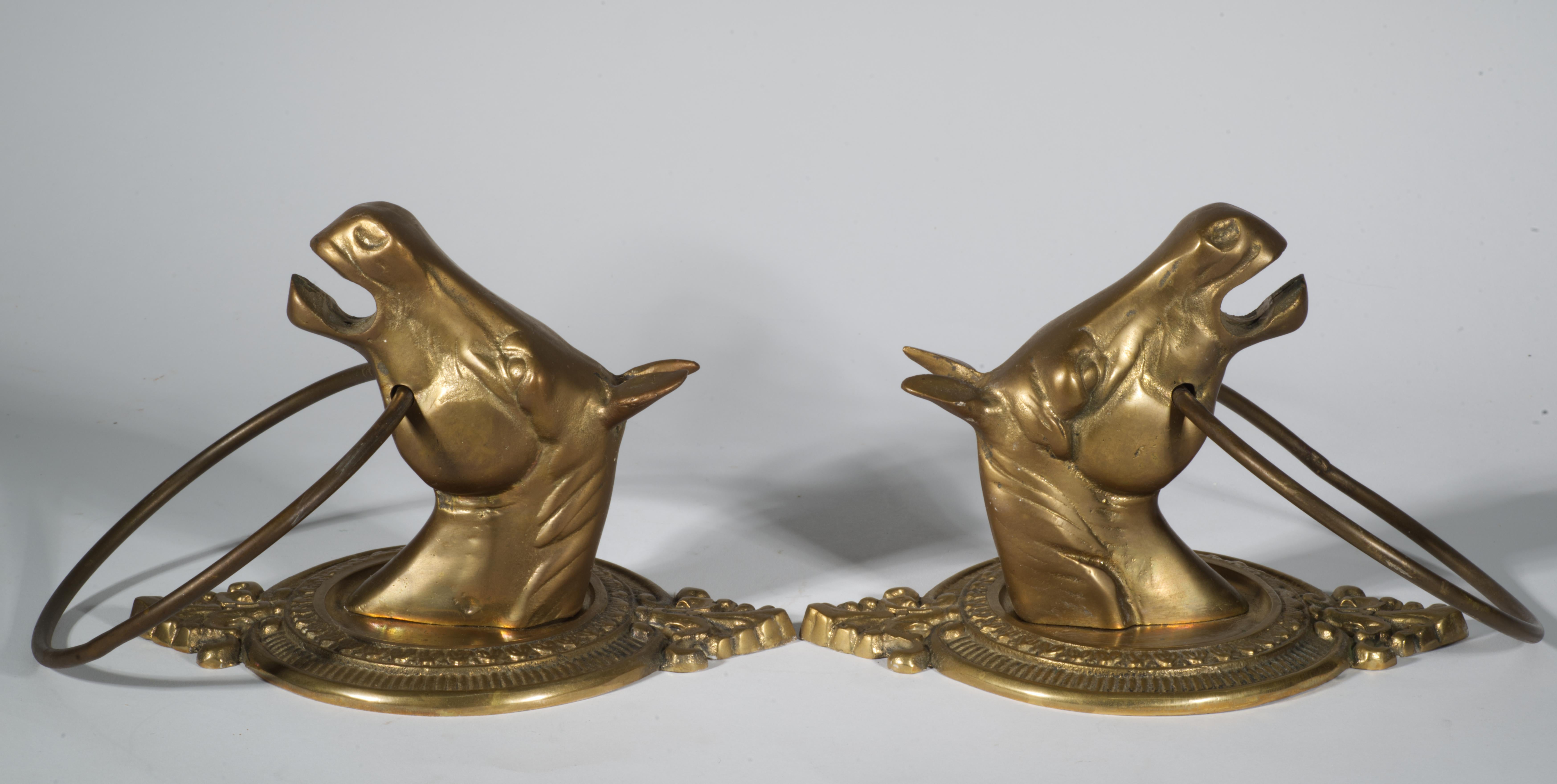 Vintage Sculptural Pair of Brass Horse Head Towel Rings 3