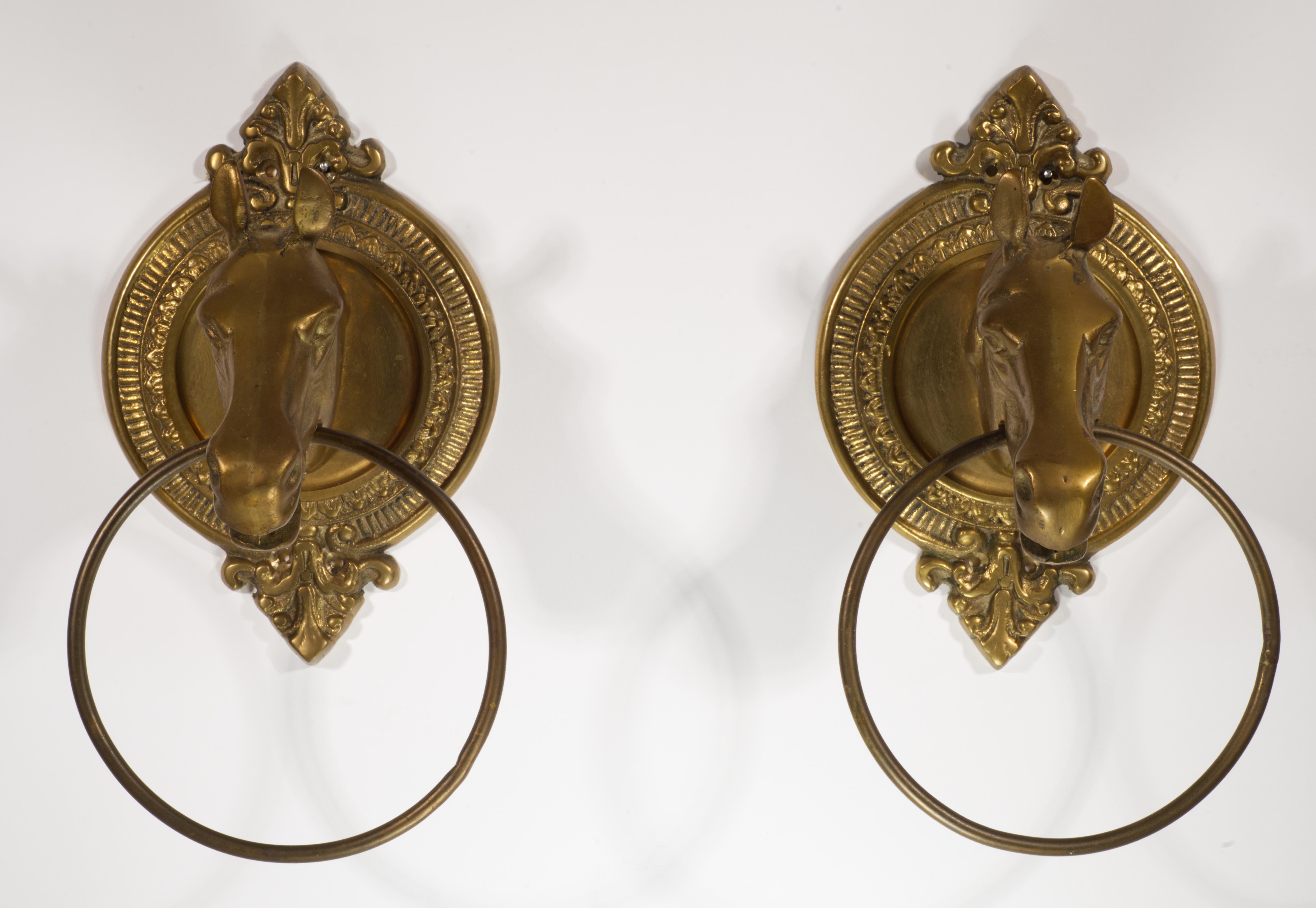 Mid-Century Modern Vintage Sculptural Pair of Brass Horse Head Towel Rings