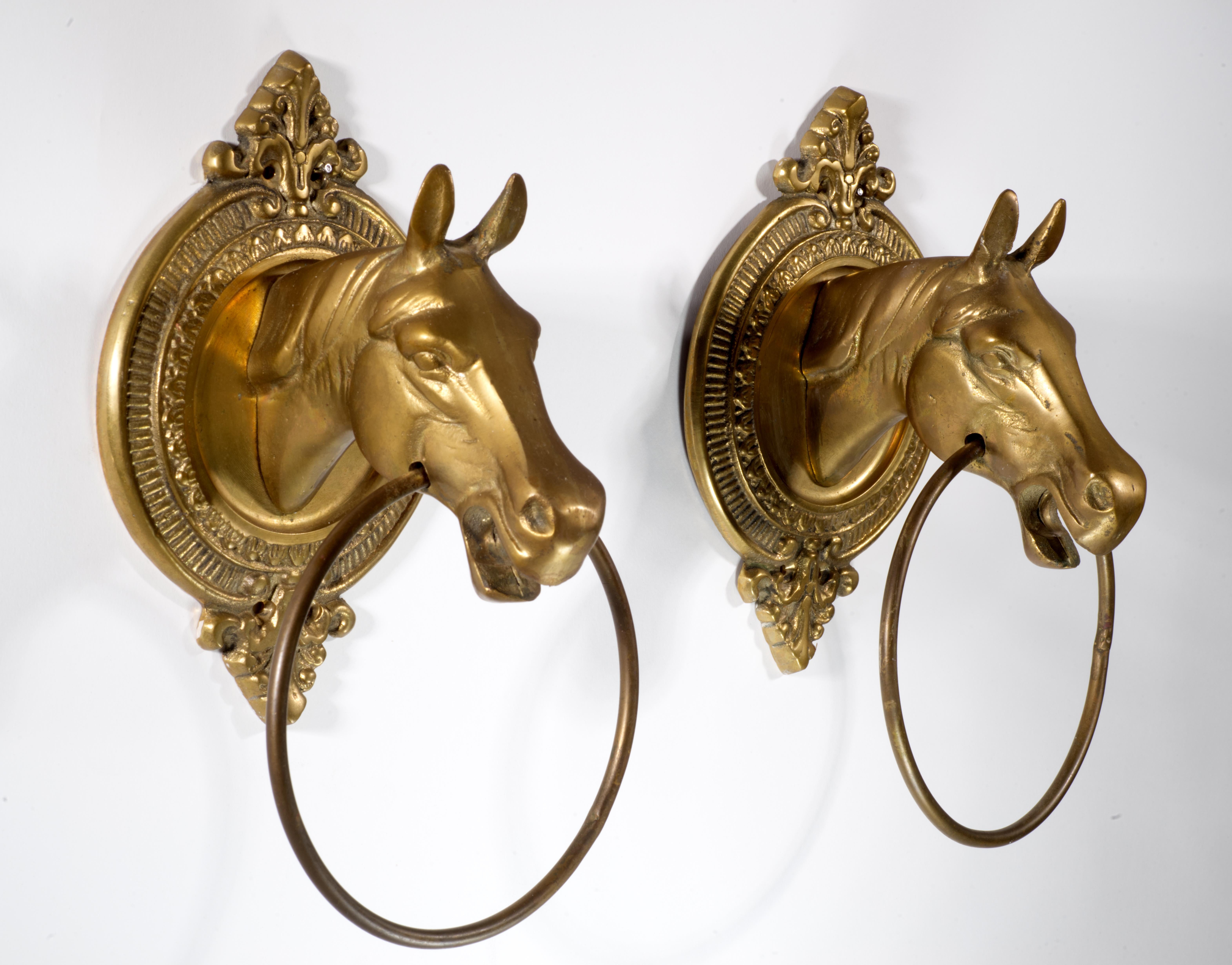American Vintage Sculptural Pair of Brass Horse Head Towel Rings