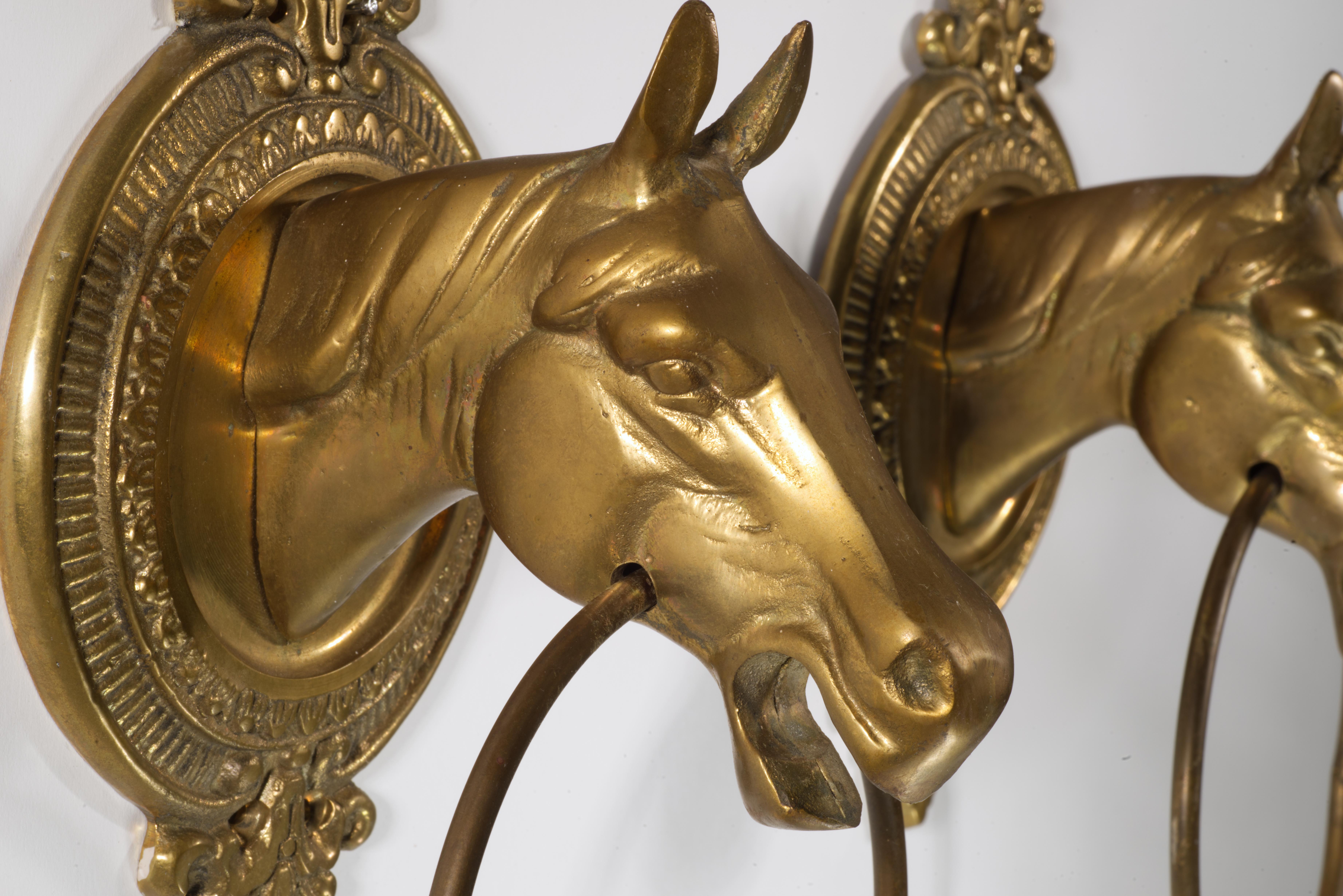 Cast Vintage Sculptural Pair of Brass Horse Head Towel Rings