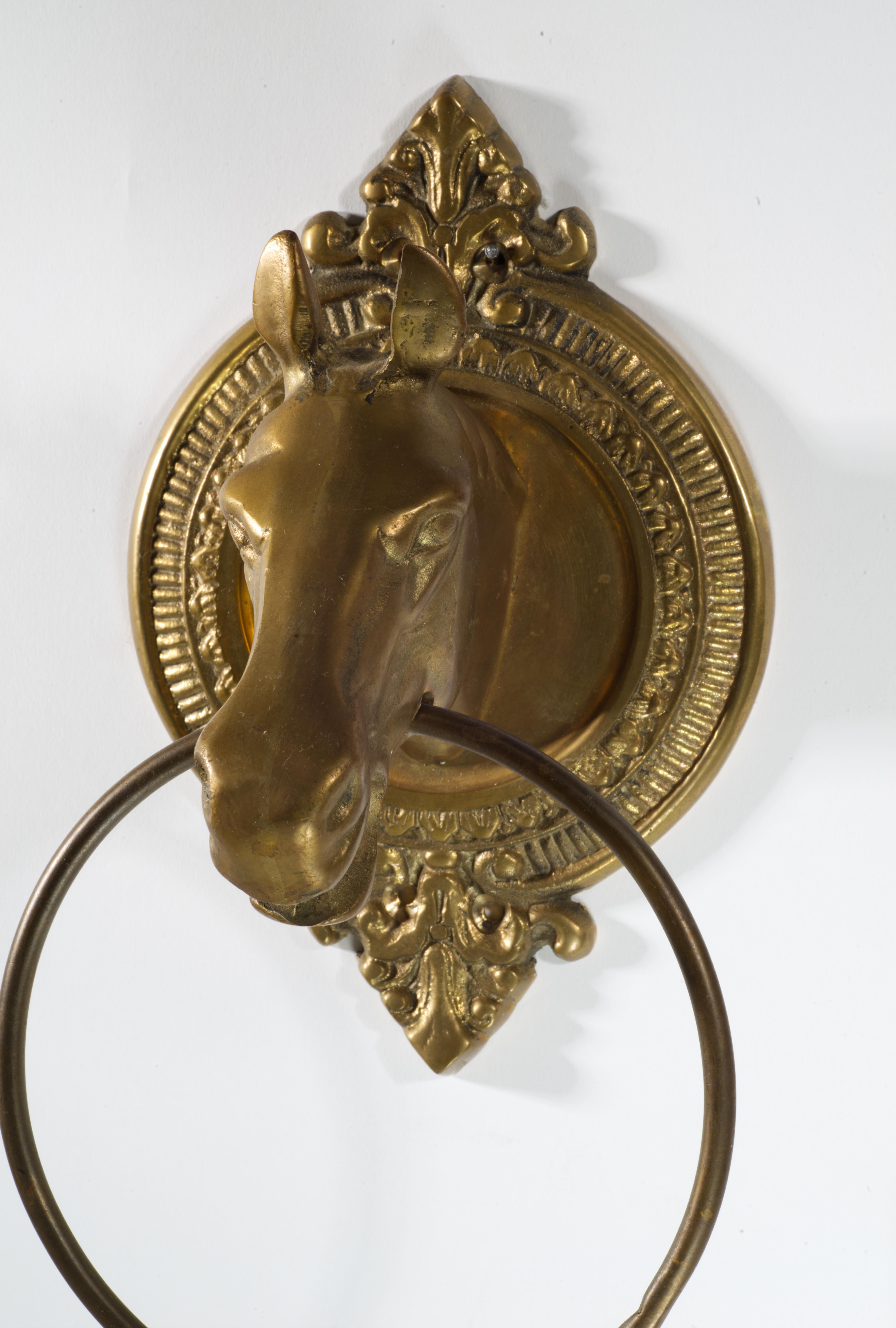 Vintage Sculptural Pair of Brass Horse Head Towel Rings In Good Condition In Clifton Springs, NY
