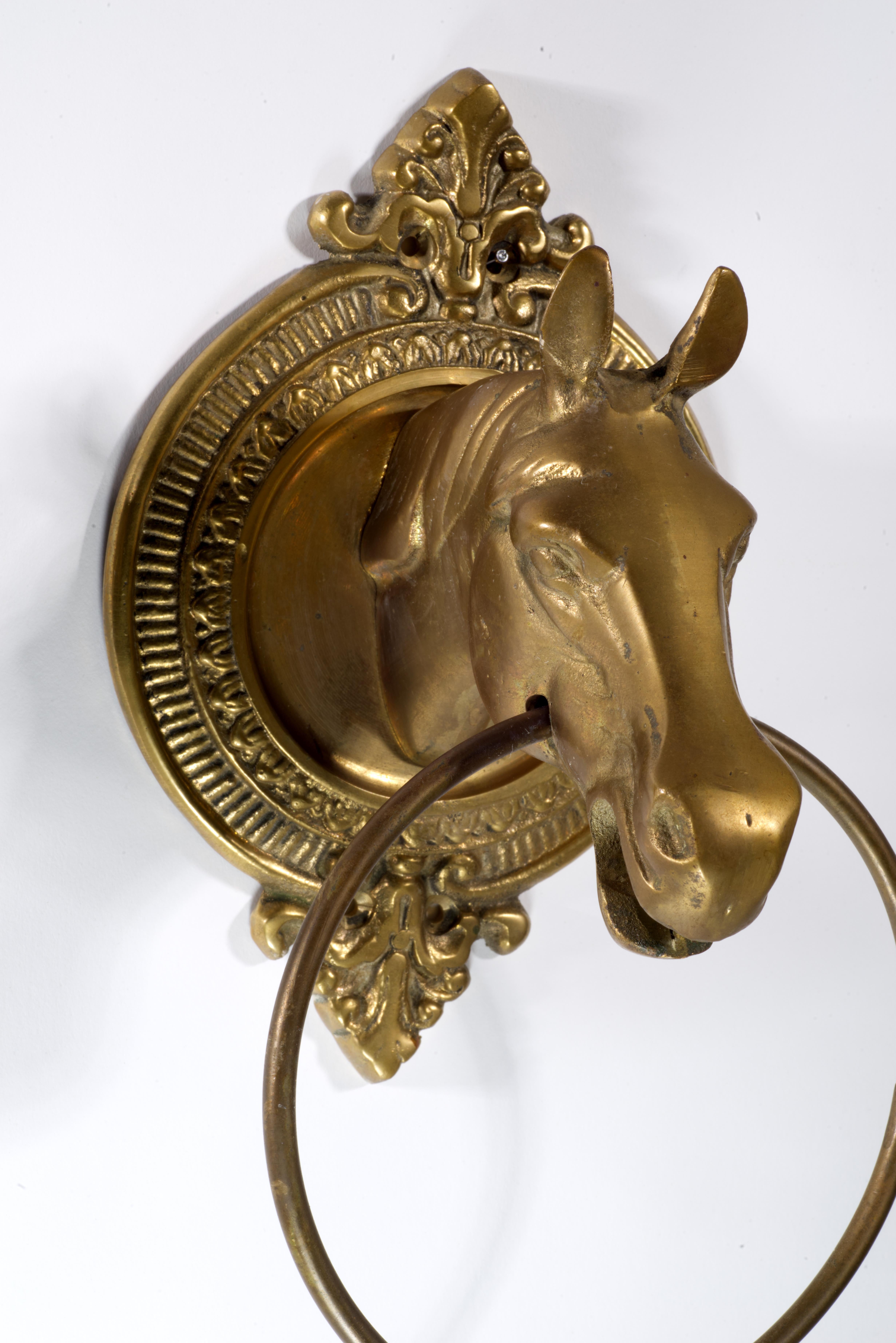 20th Century Vintage Sculptural Pair of Brass Horse Head Towel Rings