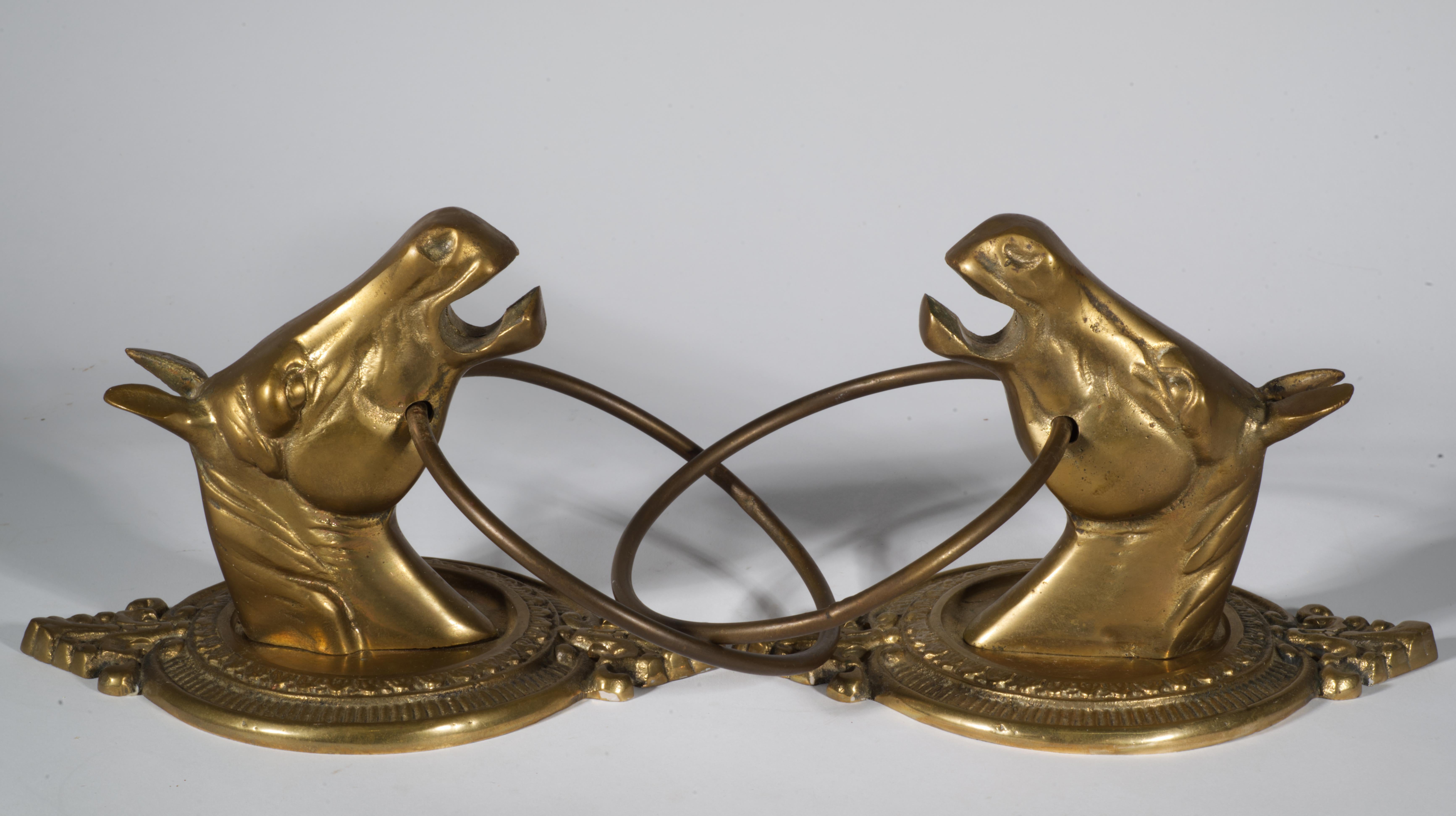 Vintage Sculptural Pair of Brass Horse Head Towel Rings 1
