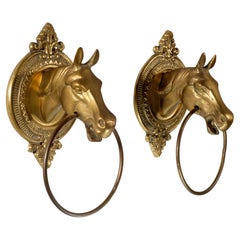 Vintage Sculptural Pair of Brass Horse Head Towel Rings