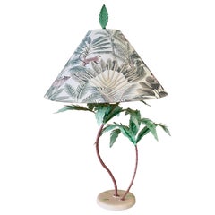 Vintage Sculptural Palm Tree Tole Lamp With Tropical Jungle Shade
