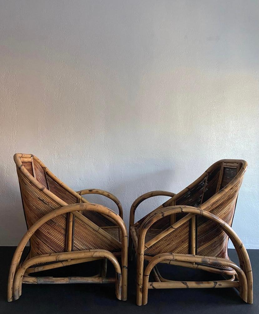 Mid-Century Modern Sculptural Pencil Reed and Rattan Lounge Chairs - a Pair