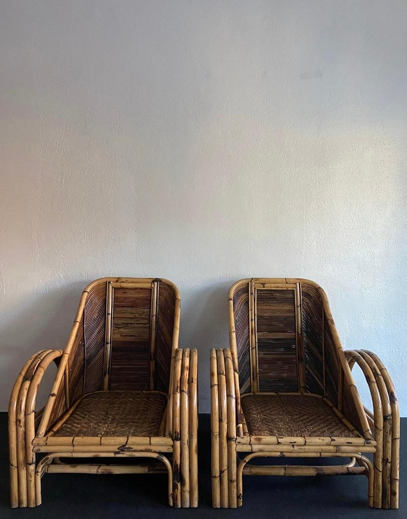 Unknown Sculptural Pencil Reed and Rattan Lounge Chairs - a Pair