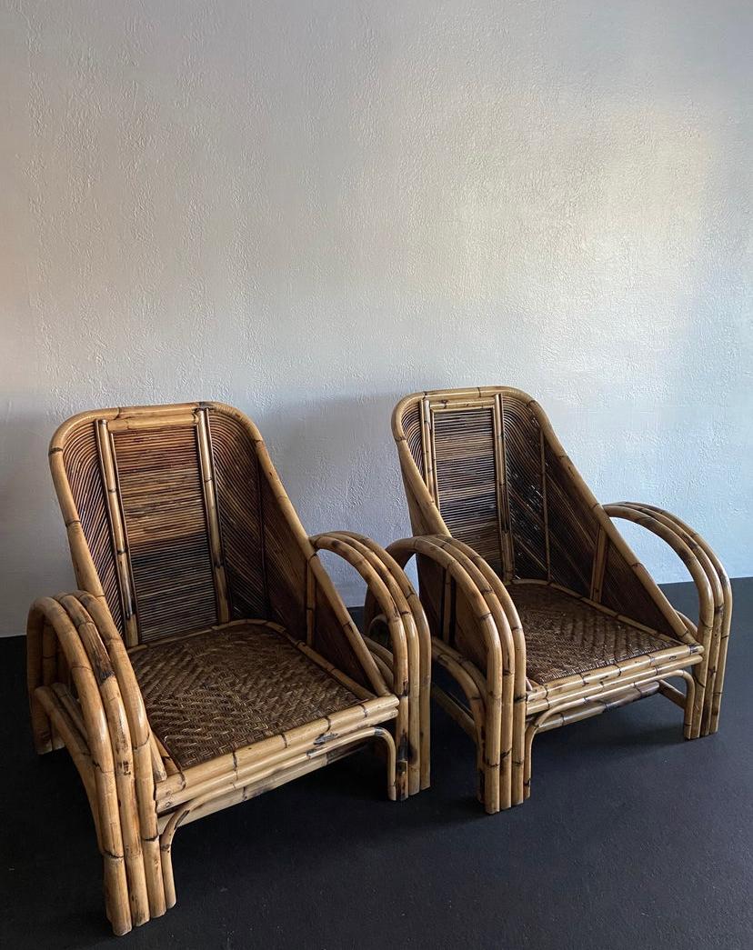 Mid-20th Century Sculptural Pencil Reed and Rattan Lounge Chairs - a Pair