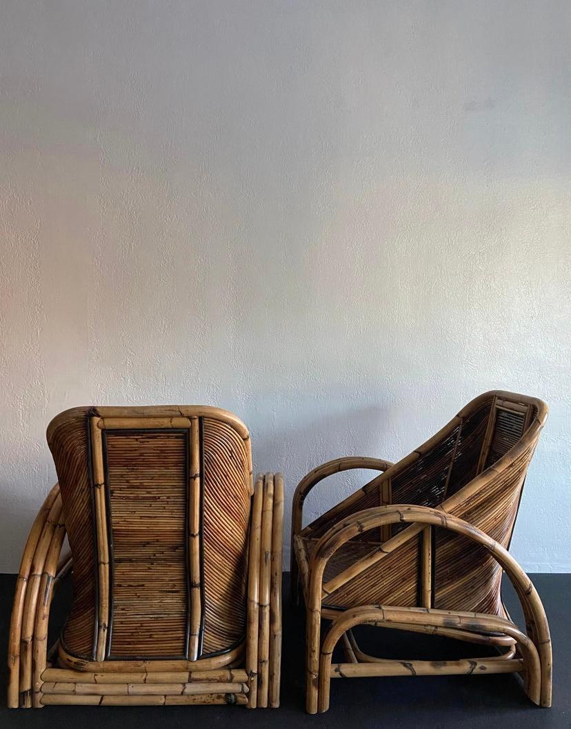 Bamboo Sculptural Pencil Reed and Rattan Lounge Chairs - a Pair