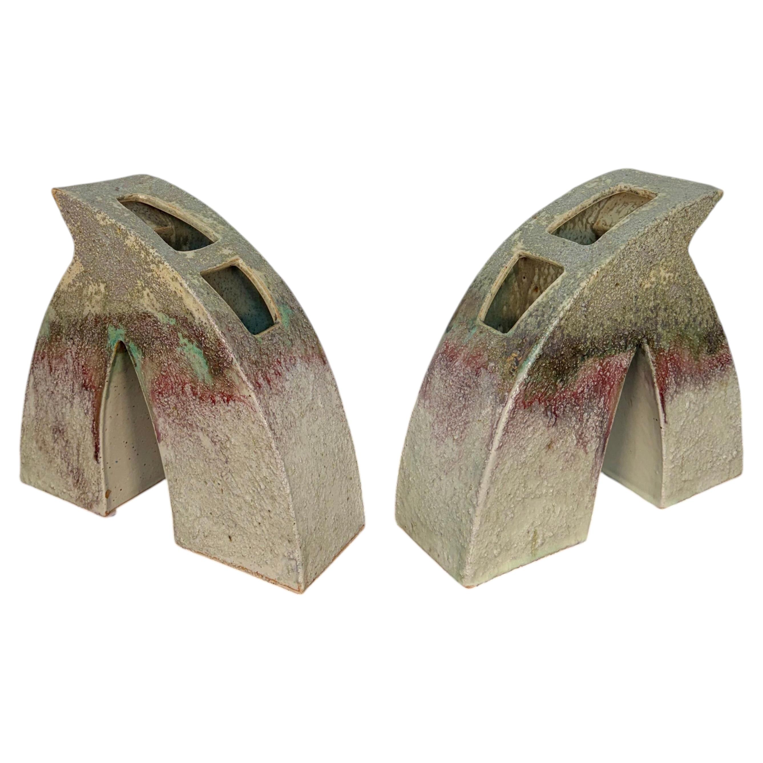 Vintage Sculptural Postmodern Ikebana Studio Pottery Vase Pair