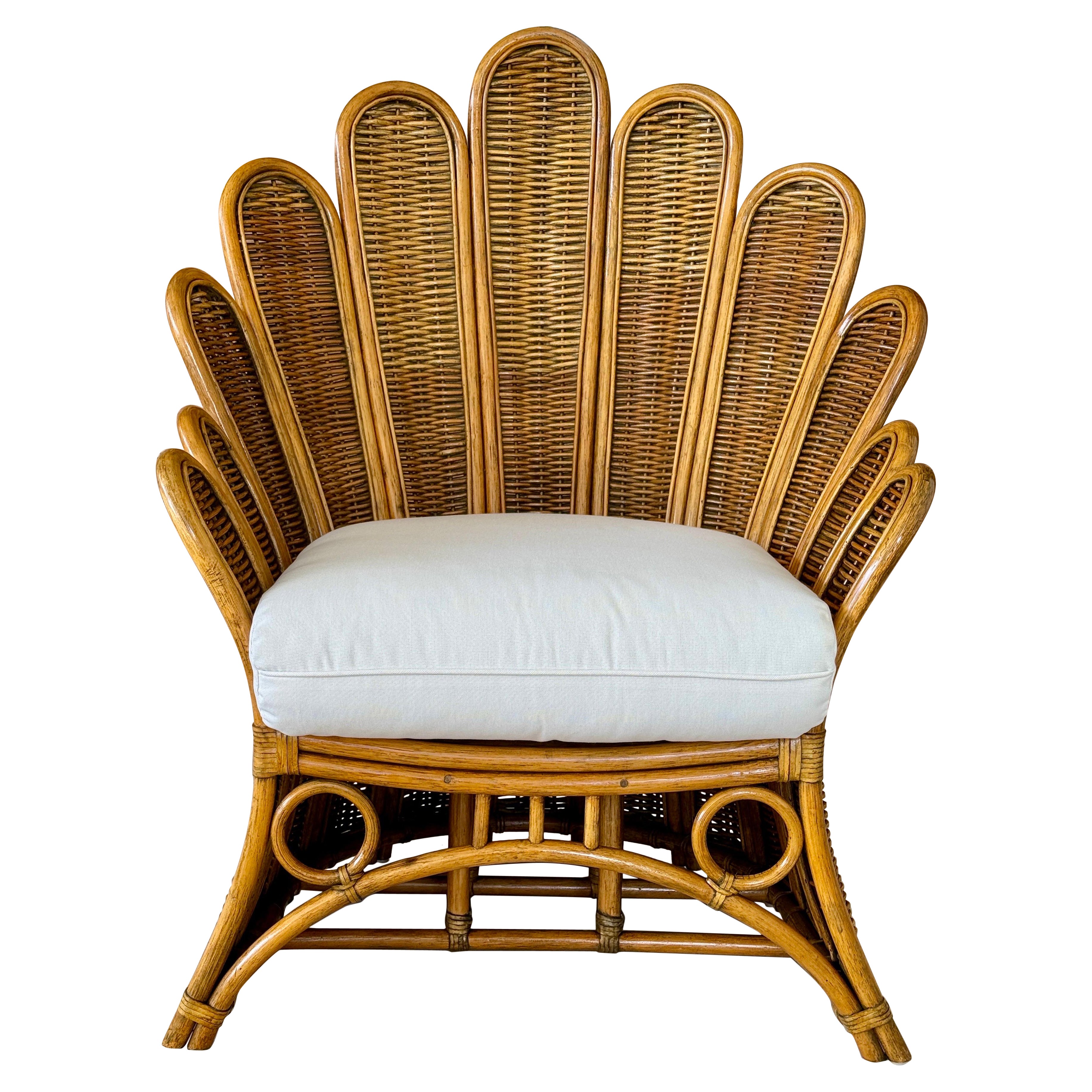 Vintage Sculptural Rattan Fan Back Palm Frond Lounge Chair For Sale