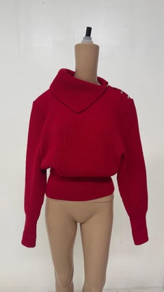 Vintage Sculptural Red Wool Sweater with Functional Metal Shoulder Clips